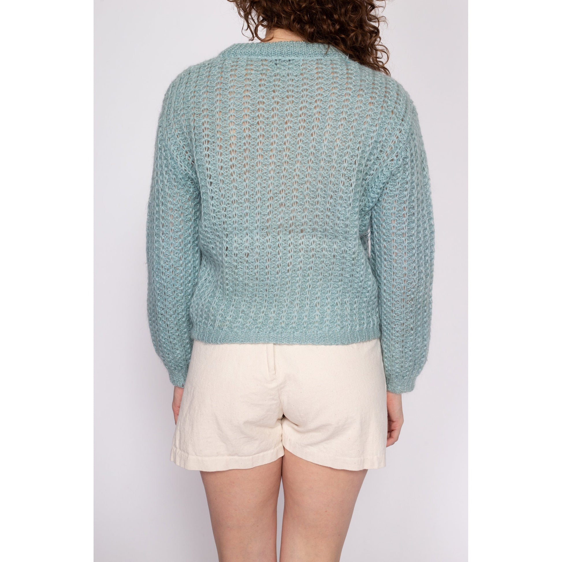 M| 70s Aqua Blue Mohair Wool Sweater - Medium | Vintage Sheer V Neck Open Weave Knit Pullover