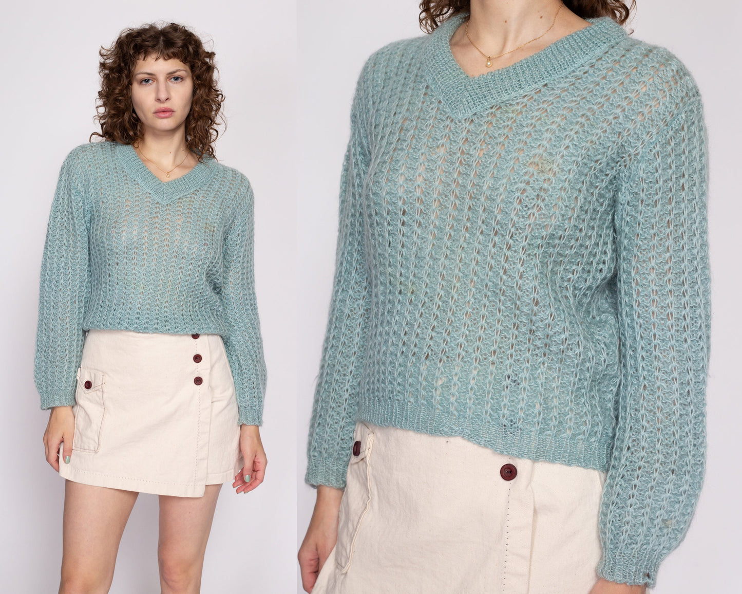 M| 70s Aqua Blue Mohair Wool Sweater - Medium | Vintage Sheer V Neck Open Weave Knit Pullover
