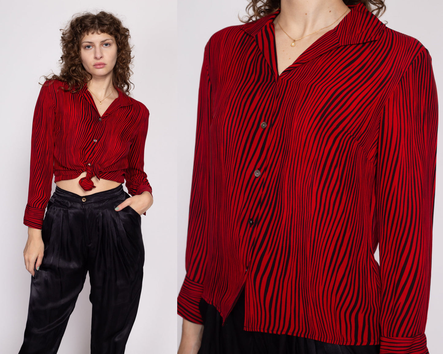 S| 90s Silk Zebra Stripe Blouse - Small | Vintage Red Black Long Sleeve Collared Button Up Top