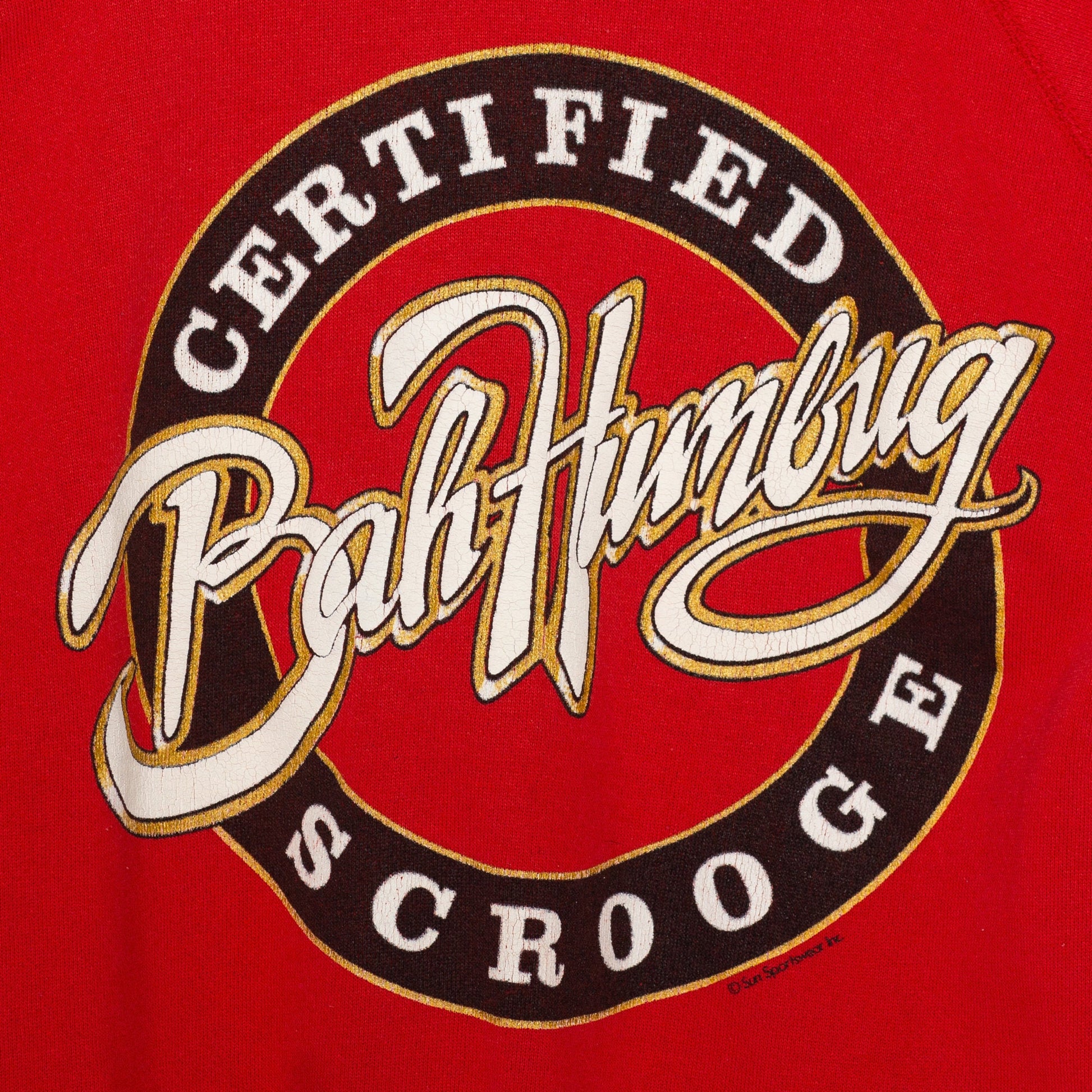 M-L| 80s "Bah Humbug" Certified Scrooge Sweatshirt - Men's Medium Short, Women's Large | Vintage Red Raglan Christmas Carol Graphic Crewneck