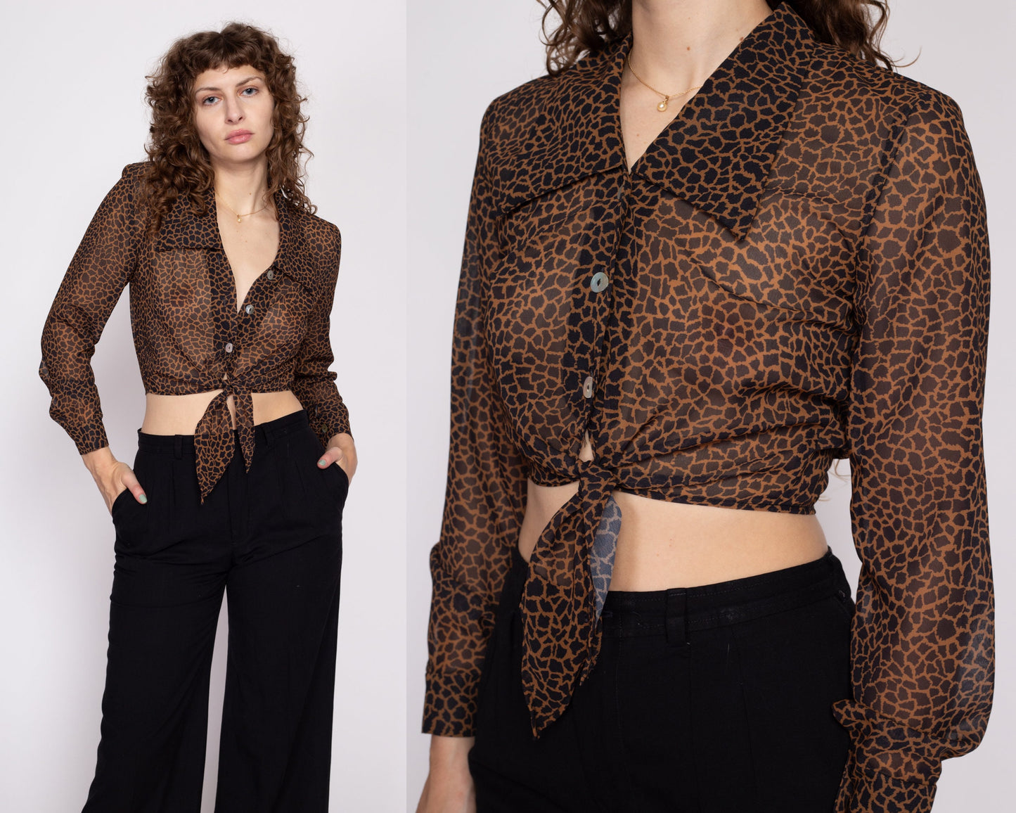 S| 80s Sheer Giraffe Print Tie Front Crop Top - Small | Vintage Collared Abalone Button Up Cropped Blouse