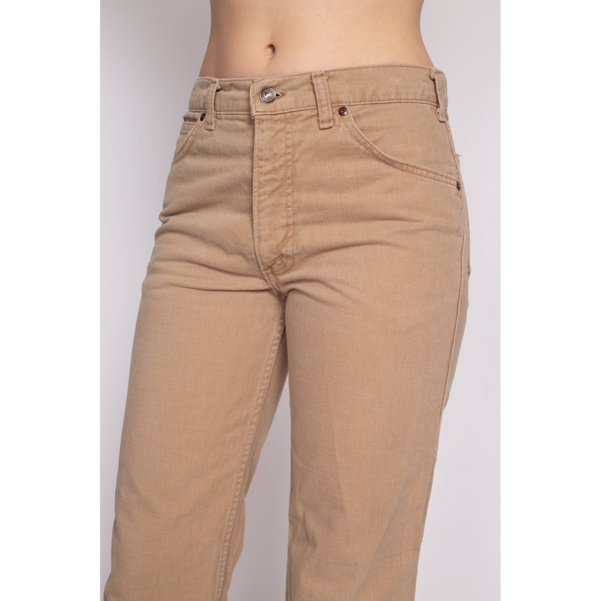 M| 70s Levis Movin' On Tan Kick Flare Jeans - Petite Medium | Vintage Boho Mid High Rise Retro Soft Denim Bootcut Pants