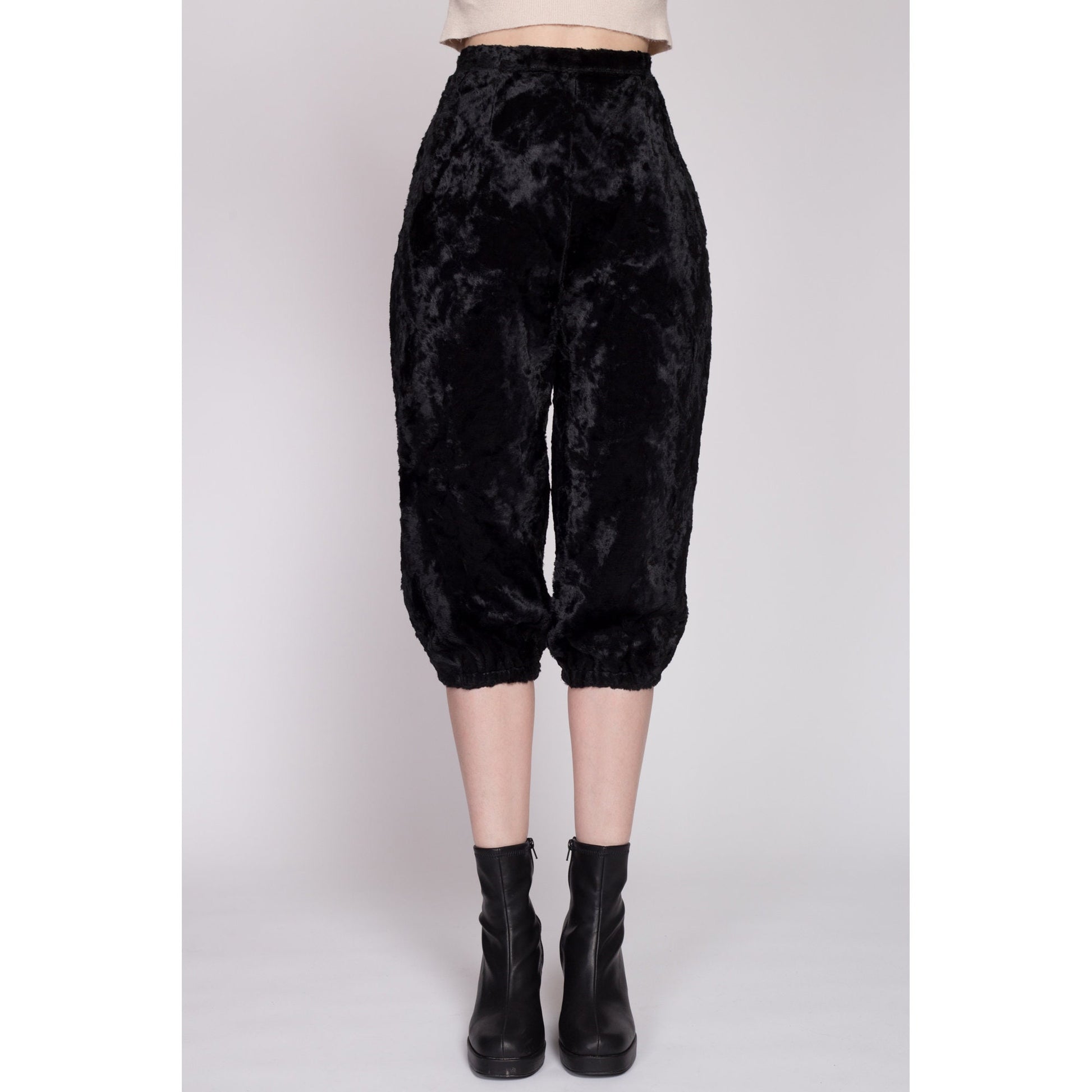 S| 1960s Black Plush Velvet Knickerbocker Pants - Small, 27" | Vintage 60s High Waist Retro Cropped Pedal Pusher Knickers
