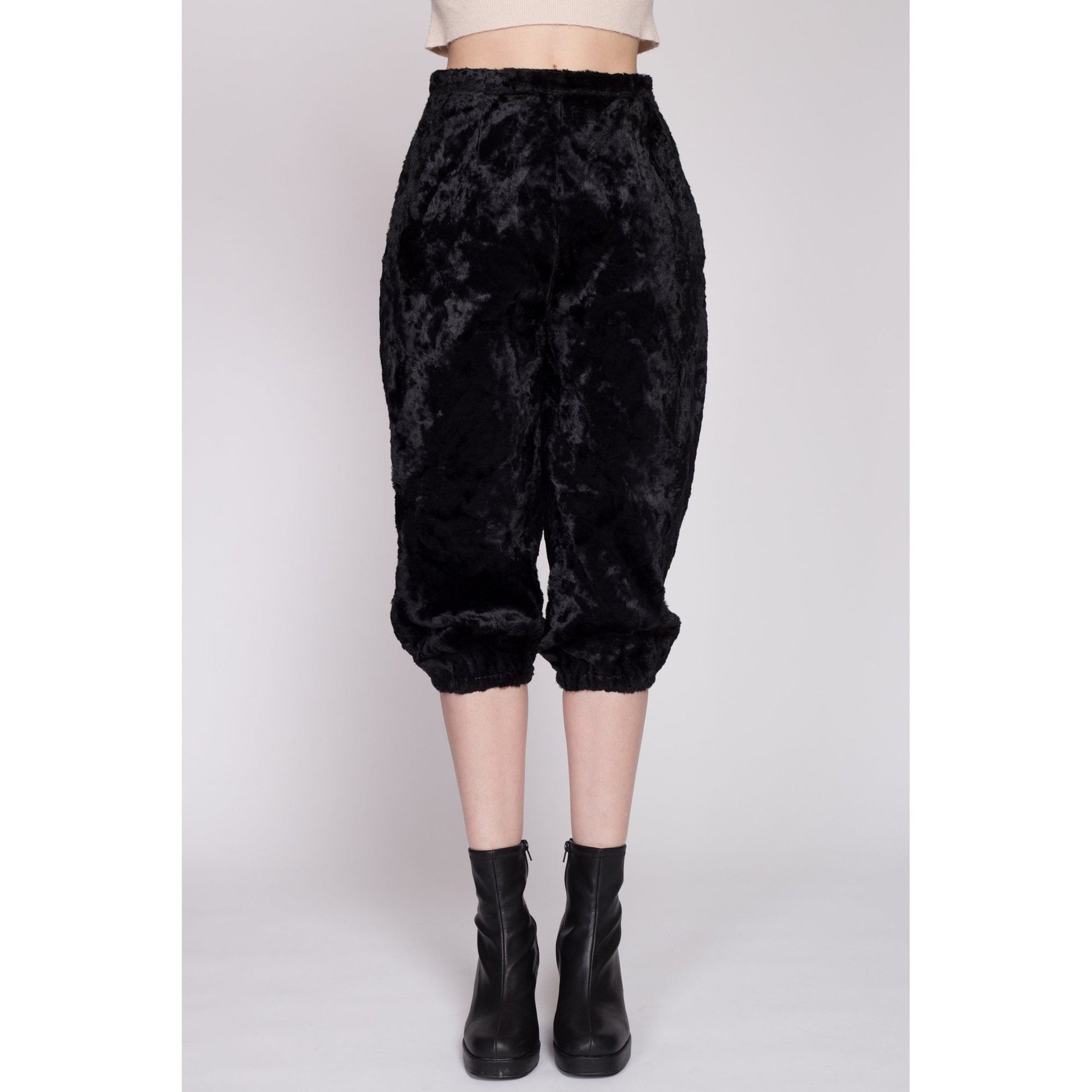S| 1960s Black Plush Velvet Knickerbocker Pants - Small, 27" | Vintage 60s High Waist Retro Cropped Pedal Pusher Knickers