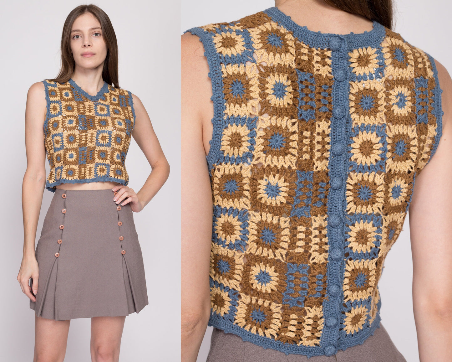 M| 90s Does 70s Boho Crochet Knit Crop Top - Medium | Vintage Floral Patchwork Button Back Cropped Vest Tank