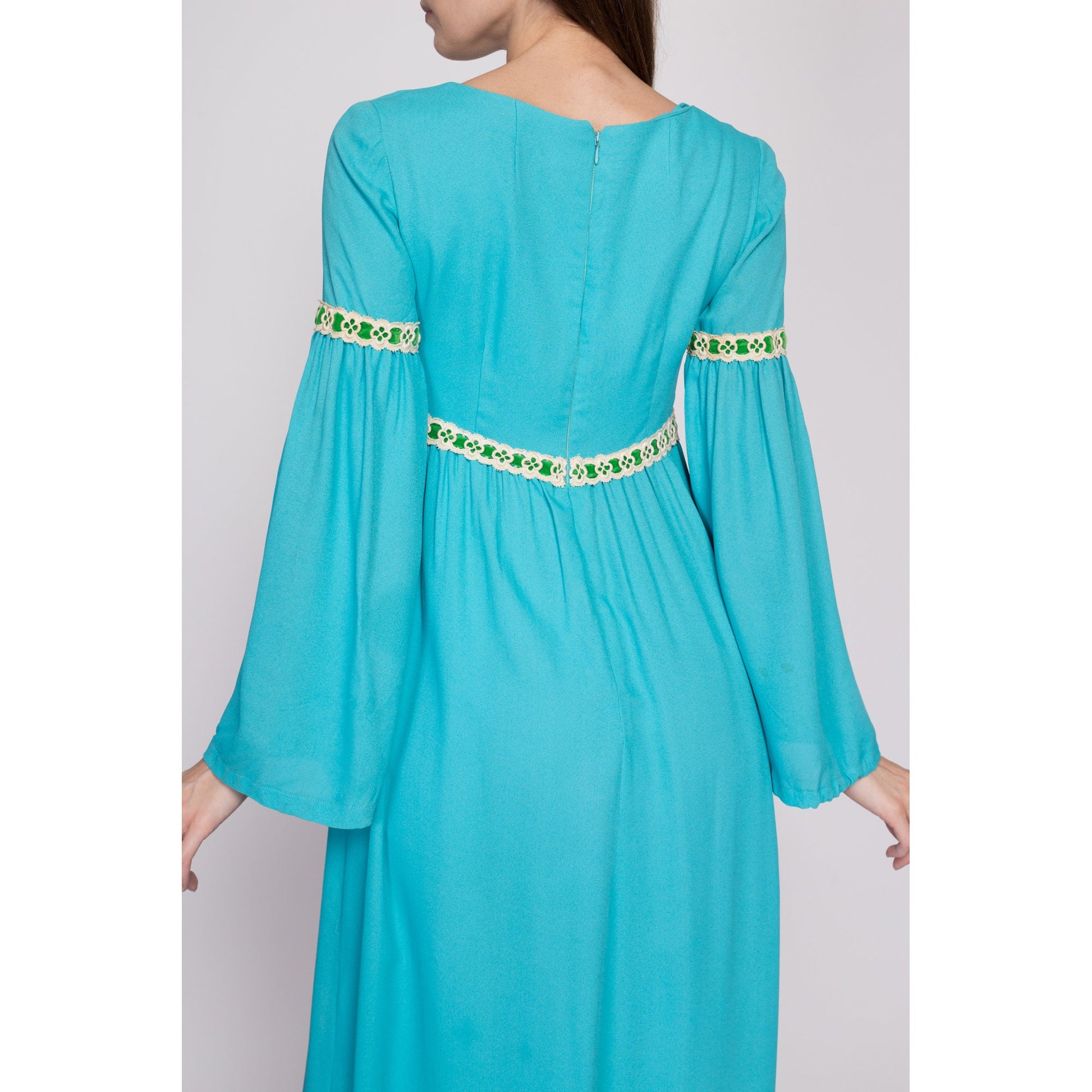 XS| 60s Boho Blue Empire Waist Bell Sleeve Maxi Dress, As Is - Extra Small | Vintage Aqua Lace Trim Hippie Renaissance Costume Gown