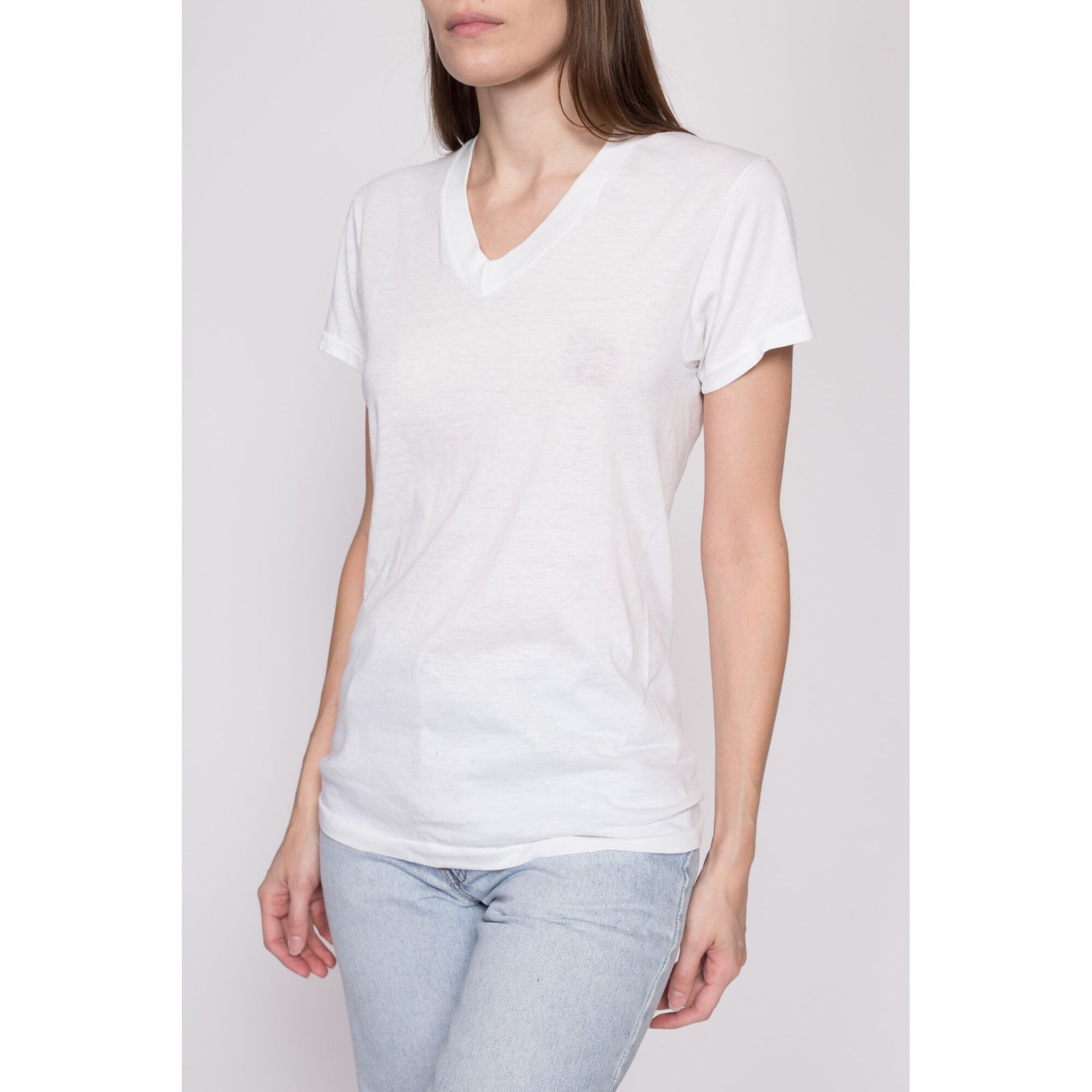 S-M| Vintage Paper Thin Blank White T Shirt - Small to Medium | 80s Single Stitch Unisex V Neck Tee Threadbare Undershirt