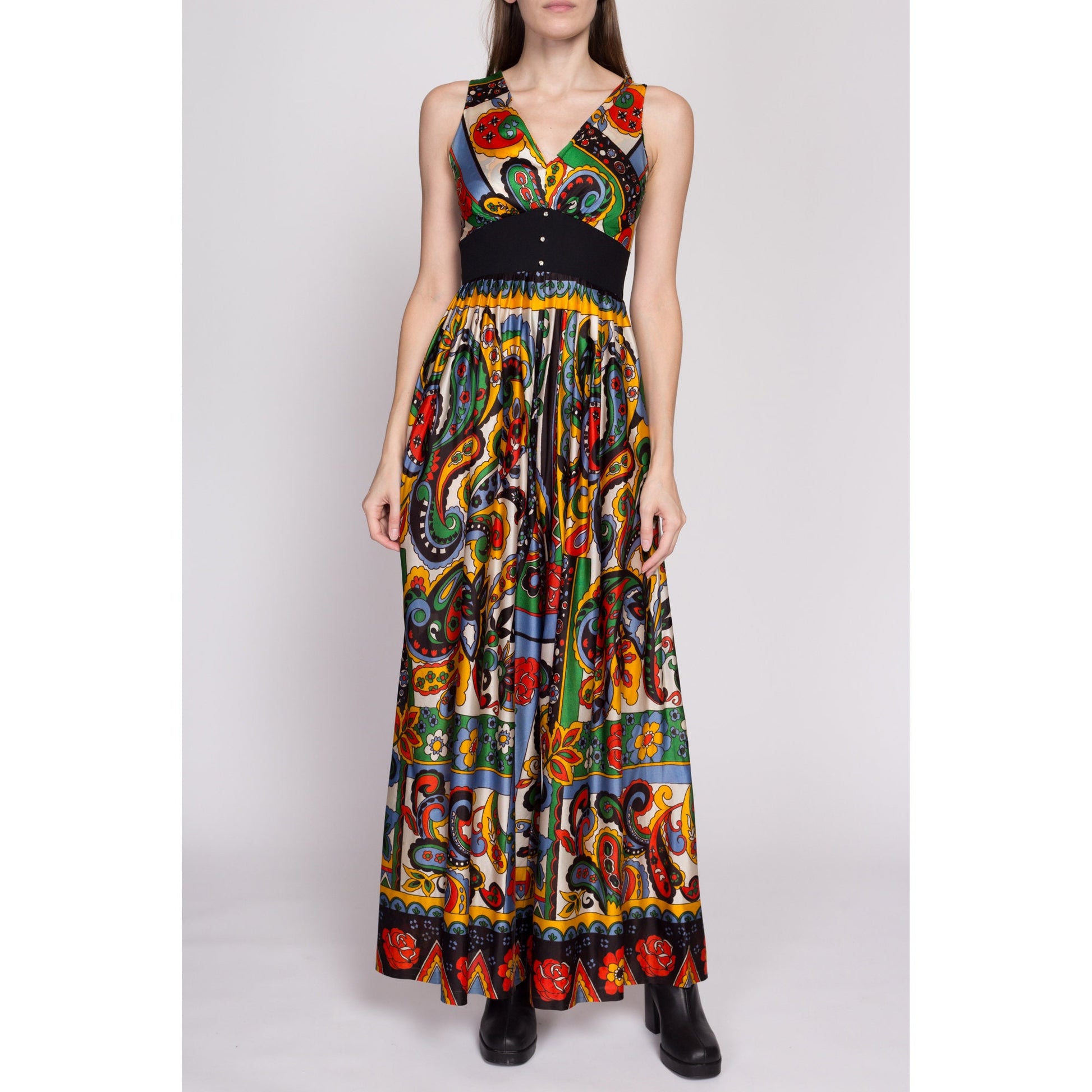 S| 60s 70s Boho Floral & Paisley Palazzo Jumpsuit - Small | Vintage Empire Waist Wide Leg Disco Hippie Pantsuit