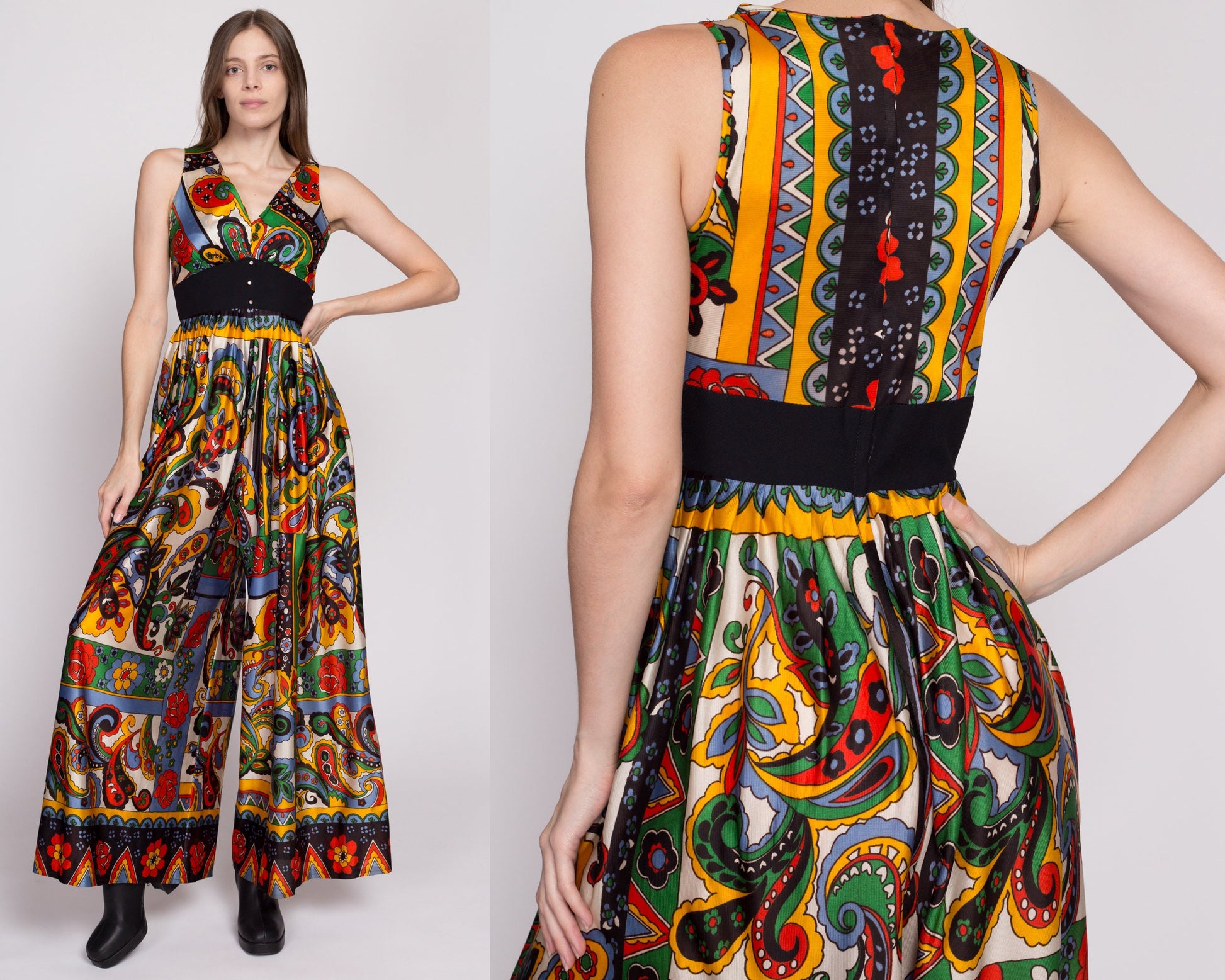 S| 60s 70s Boho Floral & Paisley Palazzo Jumpsuit - Small | Vintage Empire Waist Wide Leg Disco Hippie Pantsuit