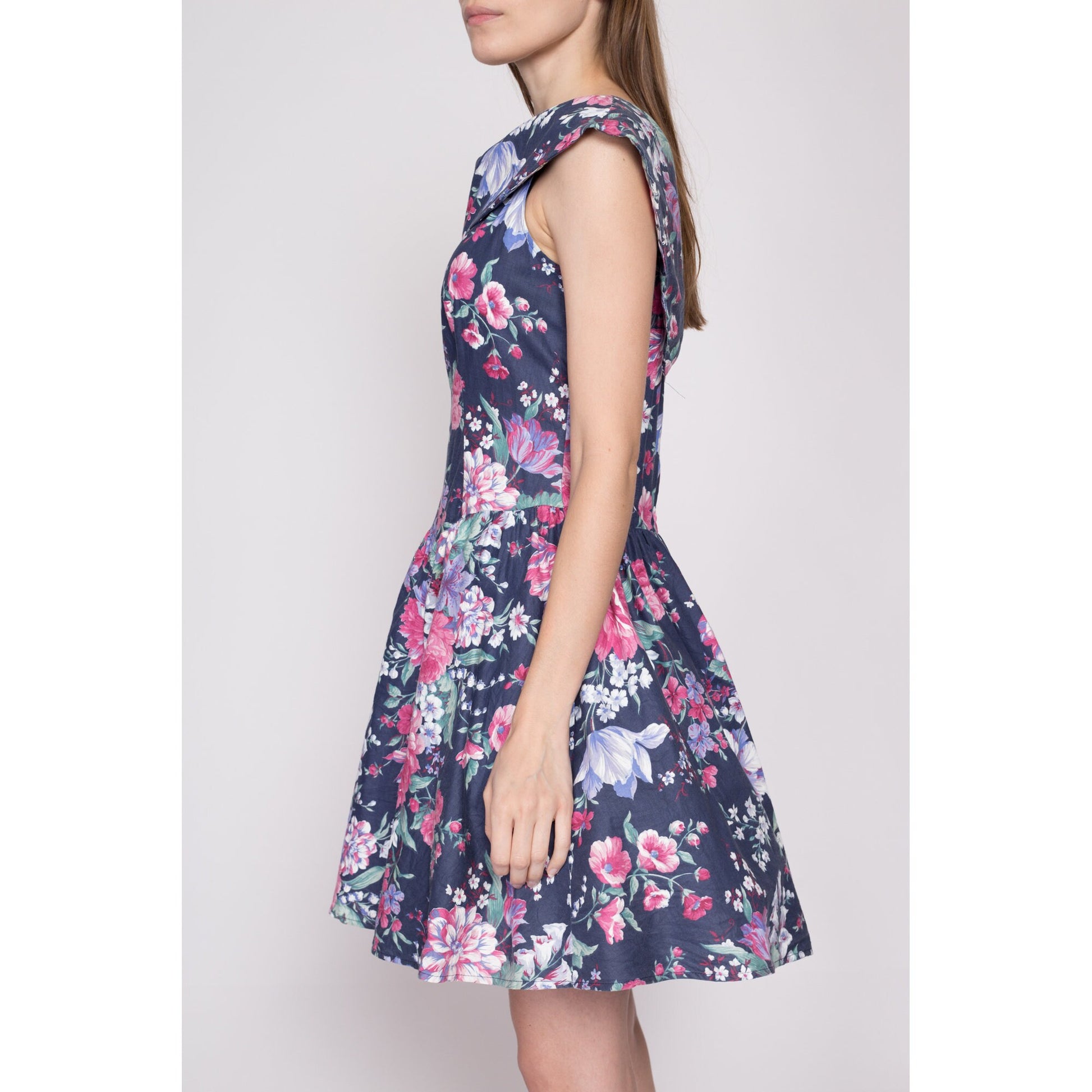 80s Floral Fit & Flare Sailor Collar Party Dress