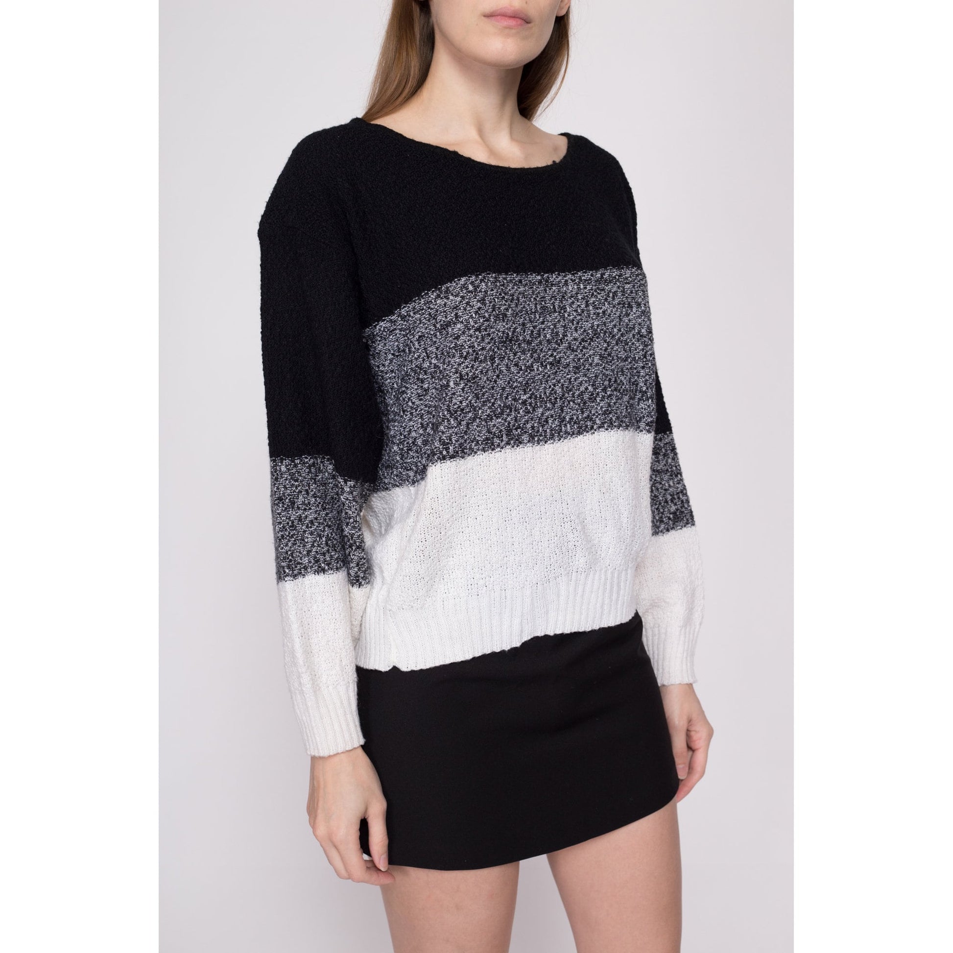 M| 80s Color Block Knit Sweater - Medium | Vintage Black White Gradient Striped Pullover