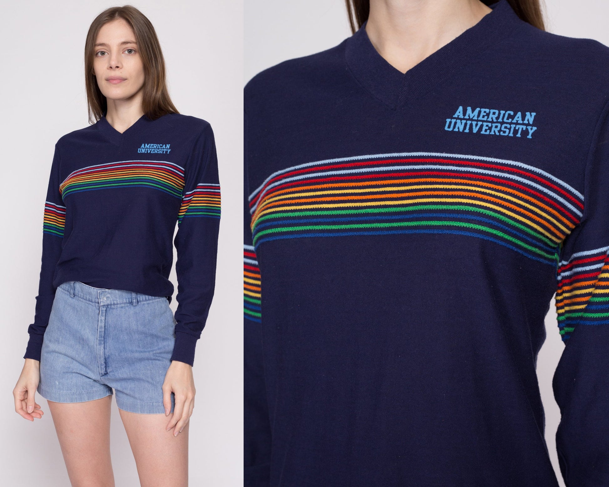 S| 70s American University Rainbow Striped Shirt - Unisex Small | Vintage Navy Blue Retro Long Sleeved Graphic University Tee