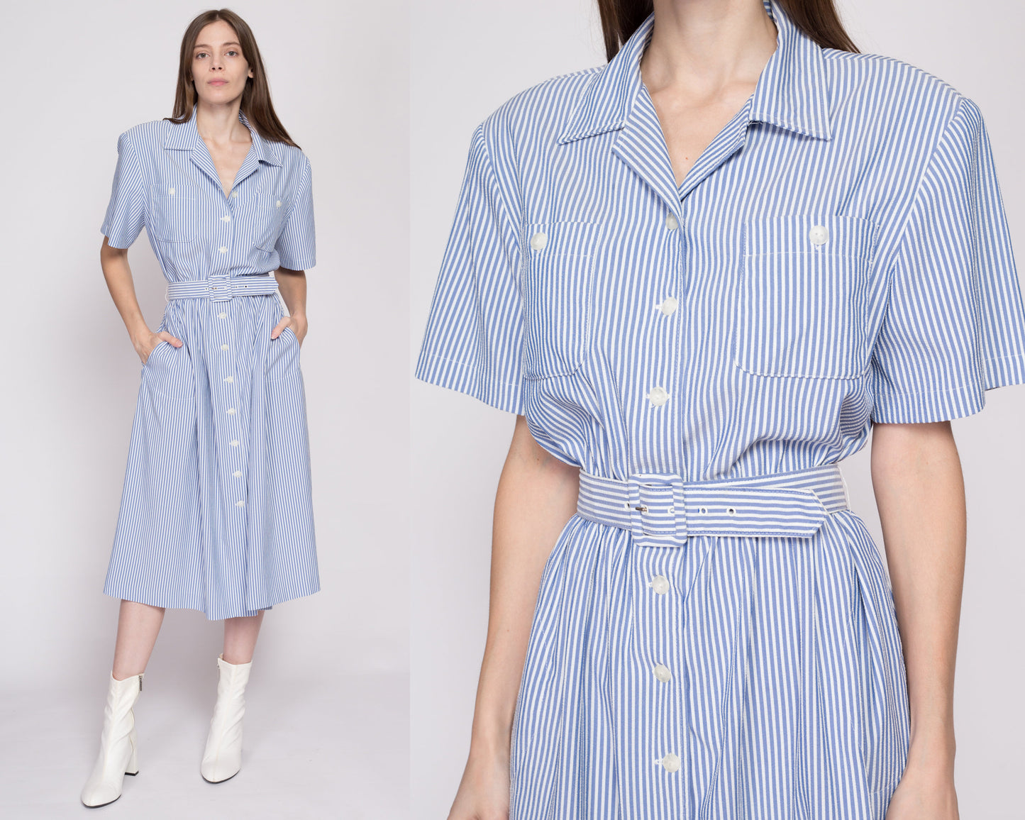 L-XL| 80s Blue & White Pinstriped Seersucker Shirtdress - Large to XL | Vintage Belted Short Sleeve Pocket Midi Dress