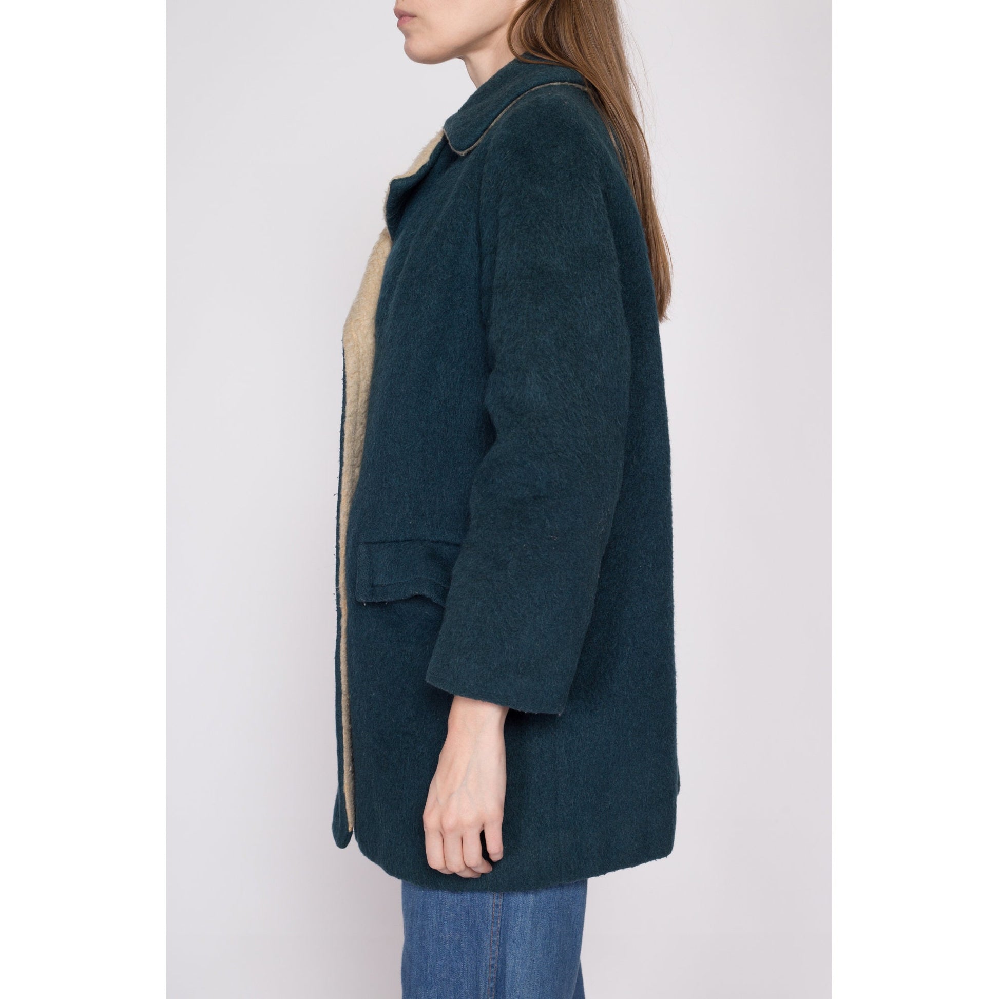 S-M| 60s 70s Emerald Green Double Breasted Coat - Petite Small to Medium | Vintage Mod Preppy Two Tone Wool Shearling Winter Jacket