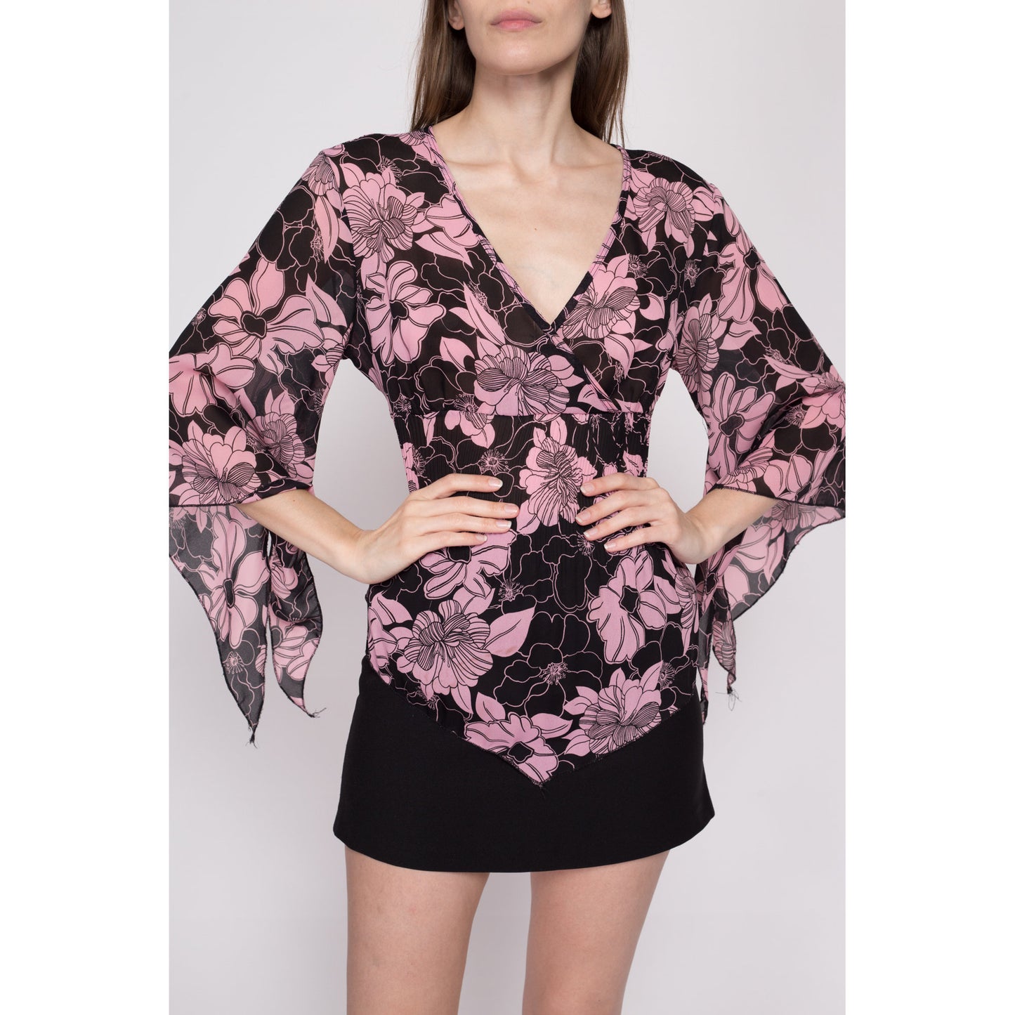 M| Y2K Sheer Floral Angel Sleeve Top - Medium | Vintage Pink & Black V Neck Scarf Hem Blouse