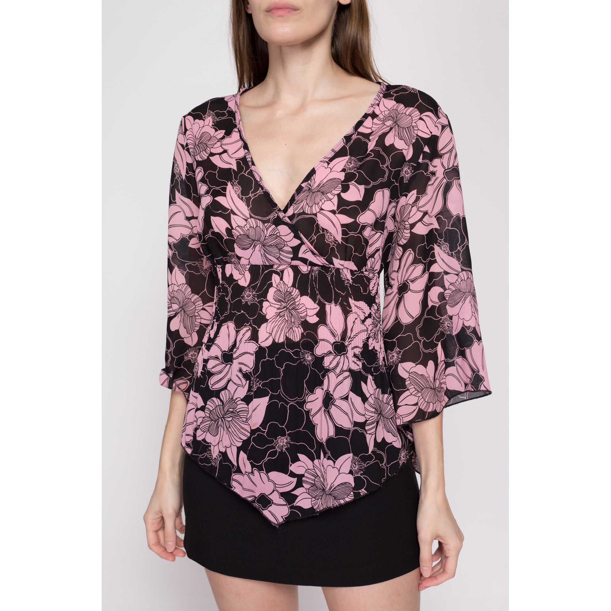 M| Y2K Sheer Floral Angel Sleeve Top - Medium | Vintage Pink & Black V Neck Scarf Hem Blouse