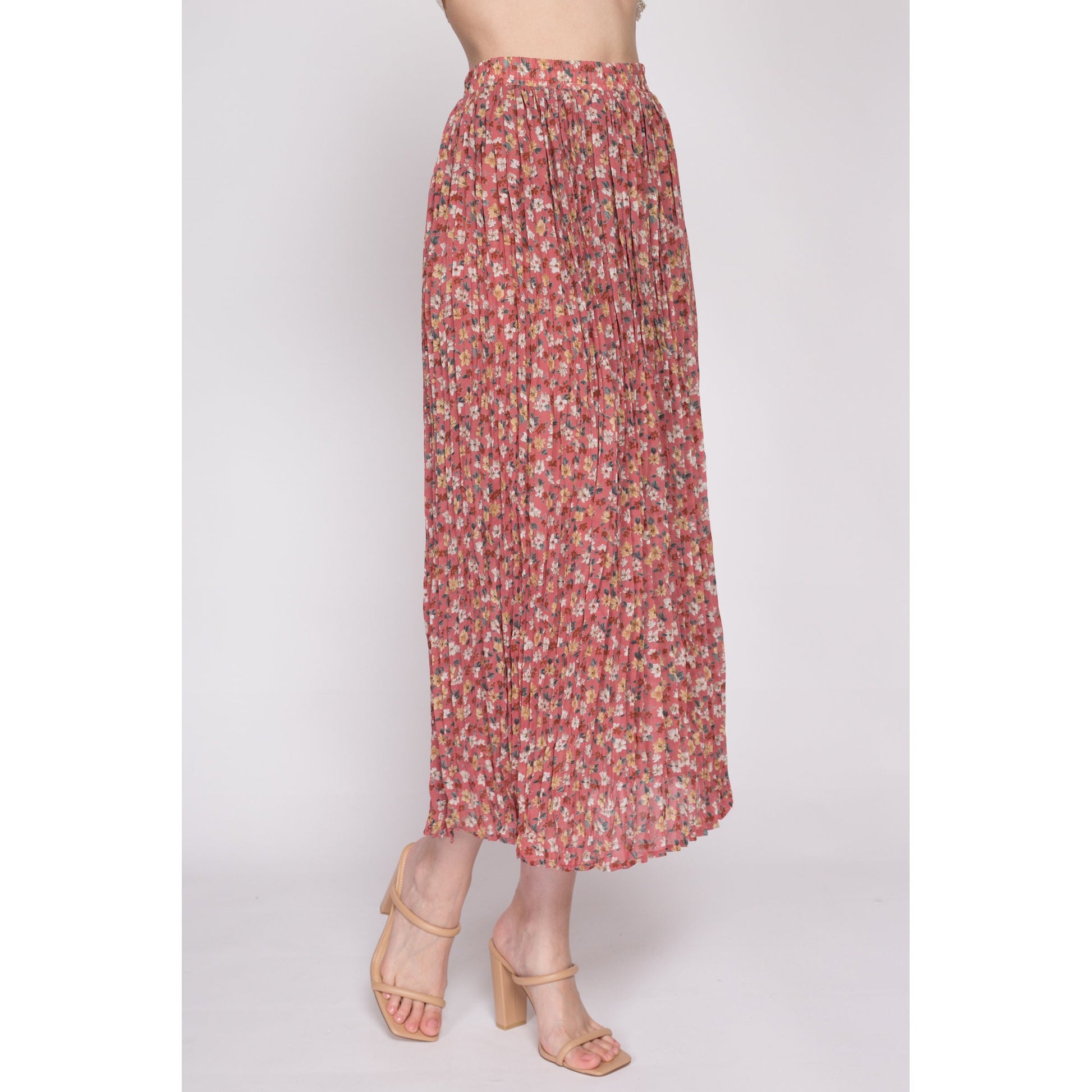 S| 90s Pink Floral Crinkle Pleated Midi Skirt - Small | Vintage High Waist Boho A Line Flowy Skirt
