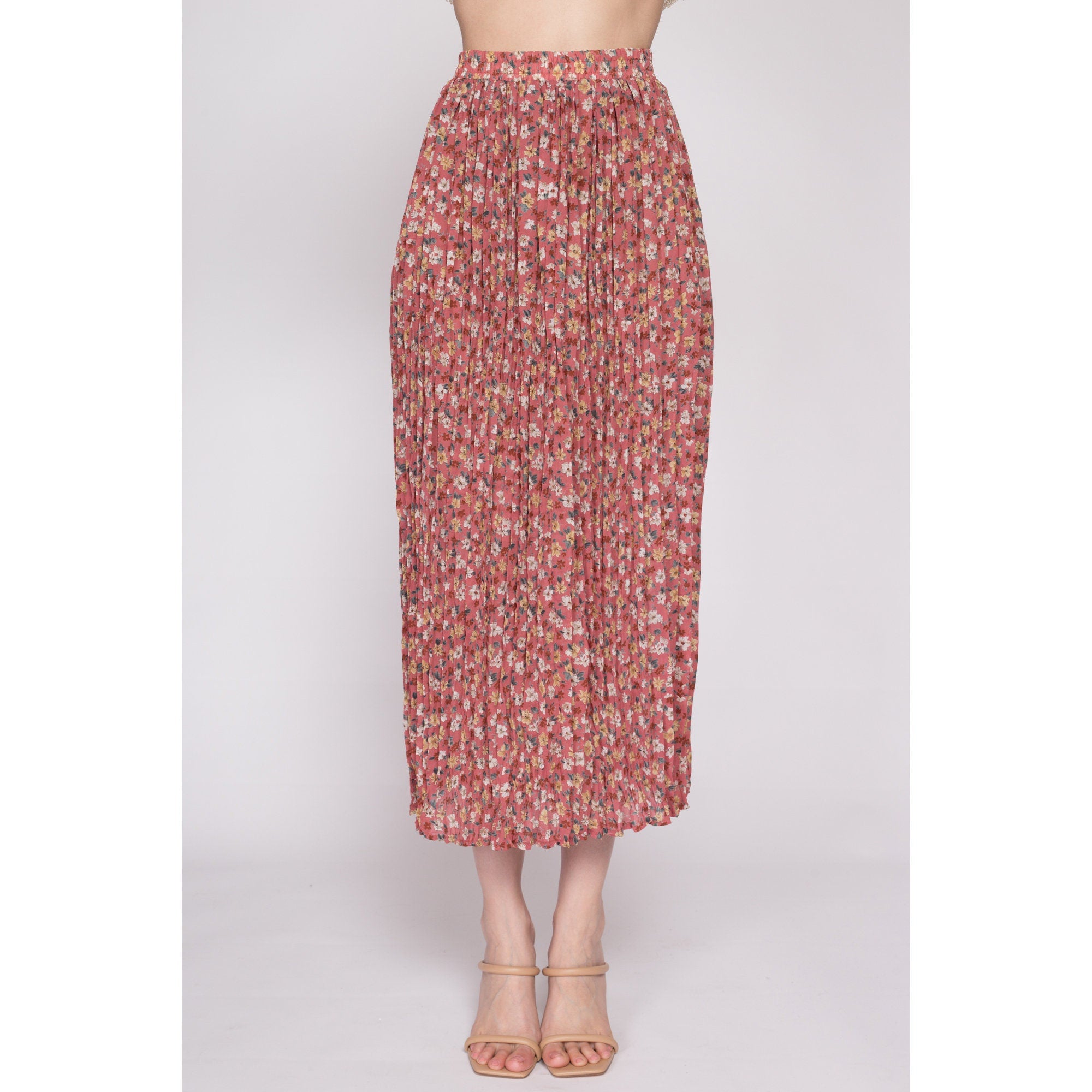 90s Pink Floral Crinkle Pleated Midi Skirt - Small – Flying Apple 
