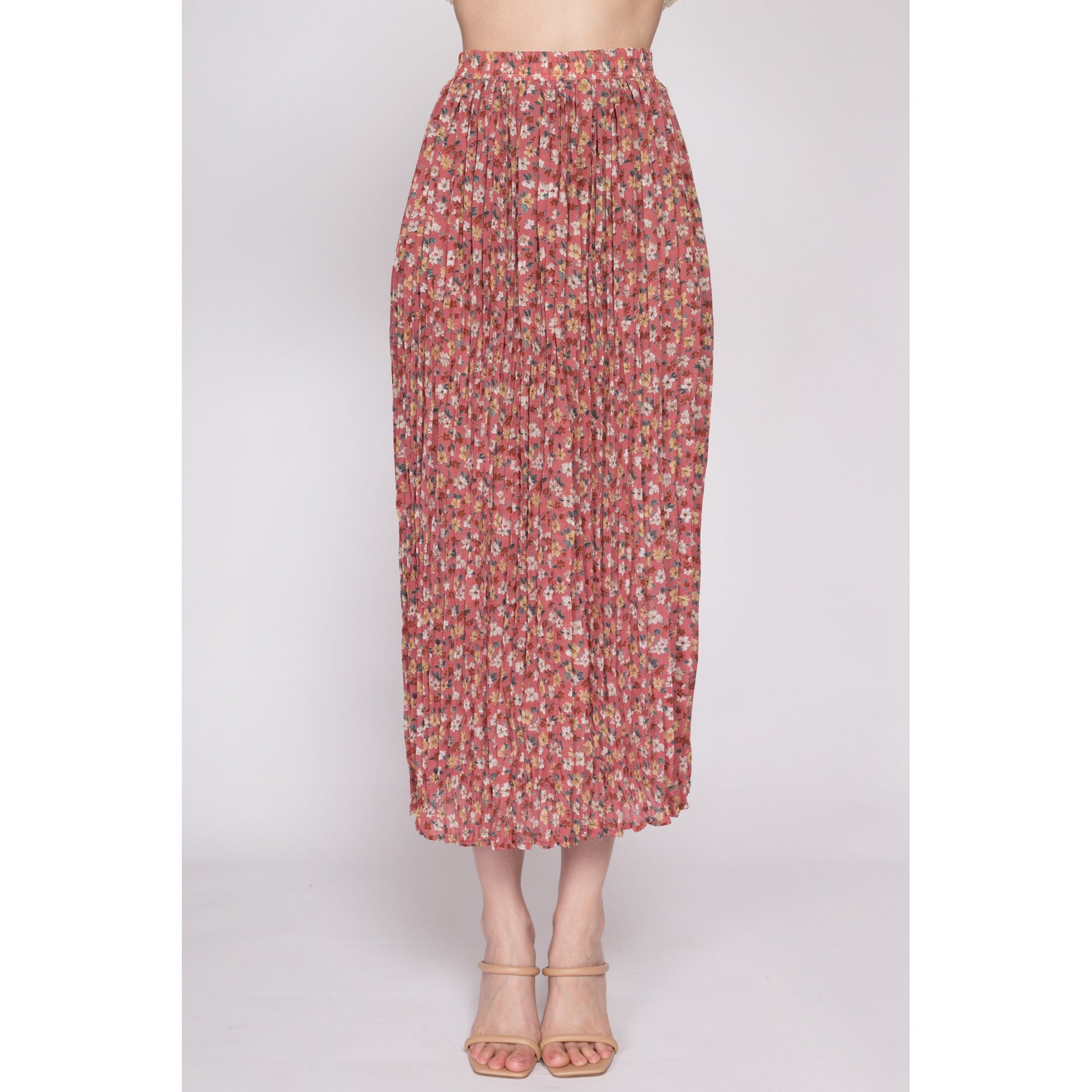 S| 90s Pink Floral Crinkle Pleated Midi Skirt - Small | Vintage High Waist Boho A Line Flowy Skirt