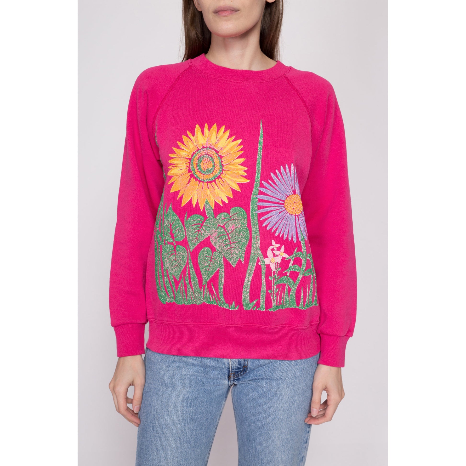 M| 80s Hot Pink Flower Garden Sweatshirt - Medium | Vintage Floral Graphic Crewneck Pullover