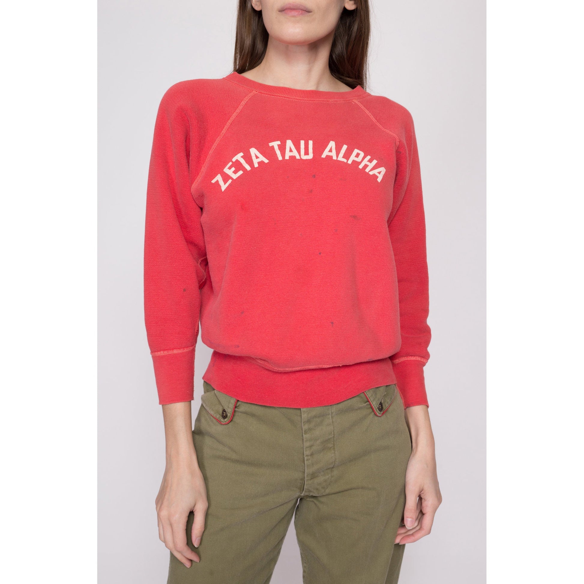 S| 1960s Zeta Tau Alpha Sorority Sweatshirt - Petite Small | Vintage 60s Pink Red Distressed Raglan Sleeve College Crewneck