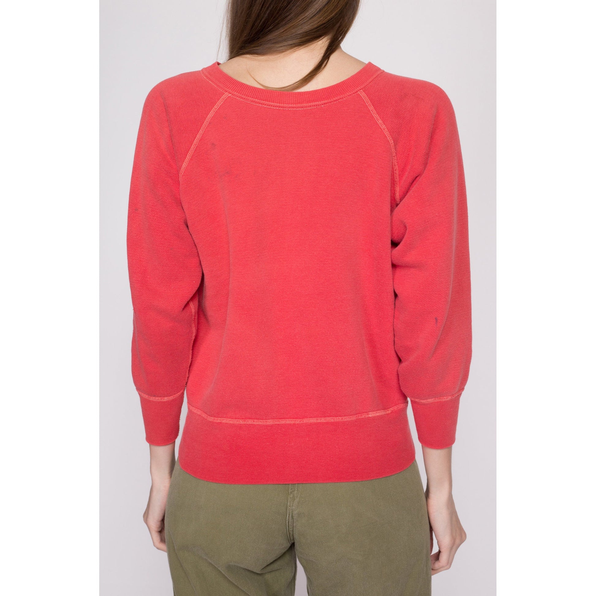 S| 1960s Zeta Tau Alpha Sorority Sweatshirt - Petite Small | Vintage 60s Pink Red Distressed Raglan Sleeve College Crewneck