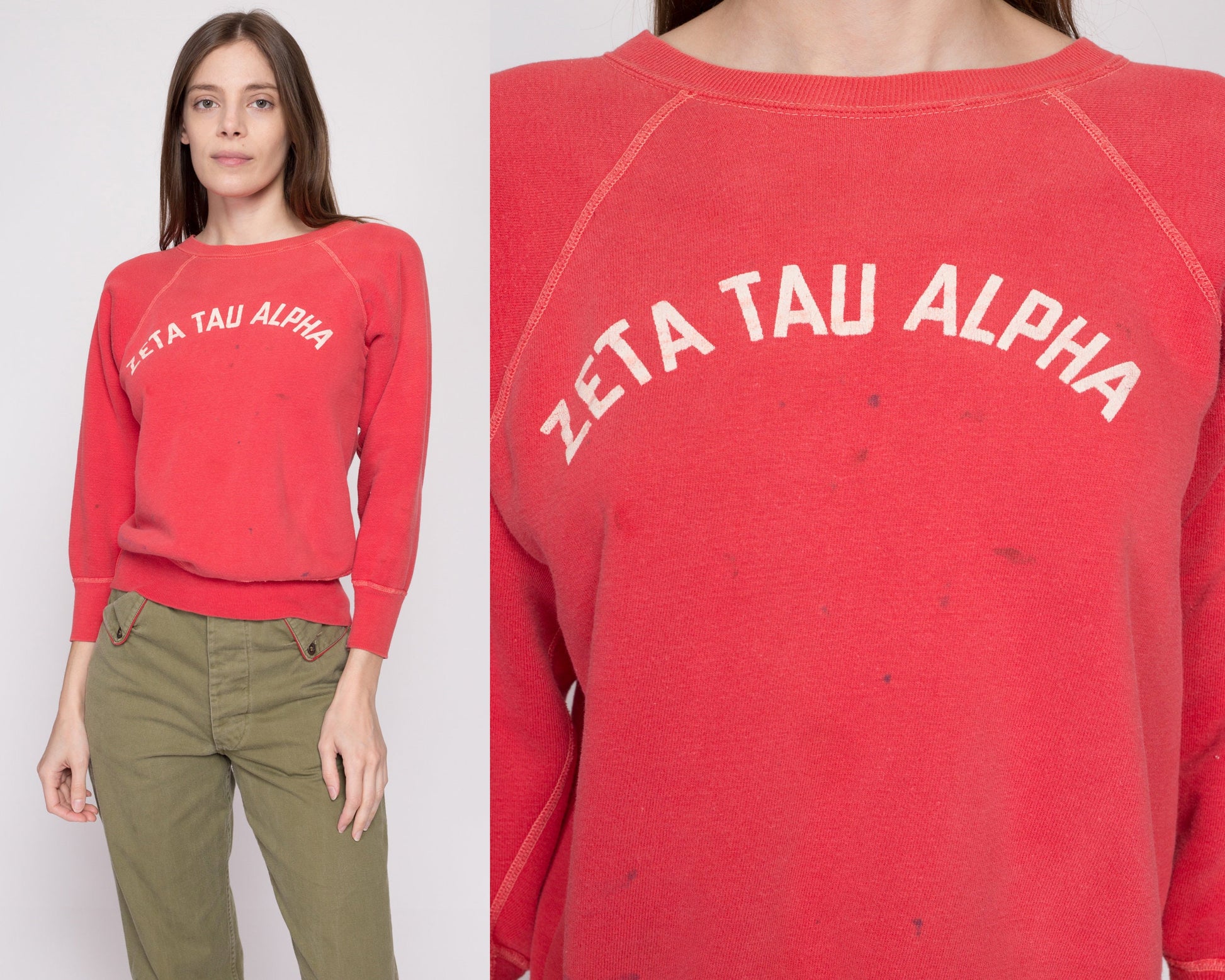 S| 1960s Zeta Tau Alpha Sorority Sweatshirt - Petite Small | Vintage 60s Pink Red Distressed Raglan Sleeve College Crewneck