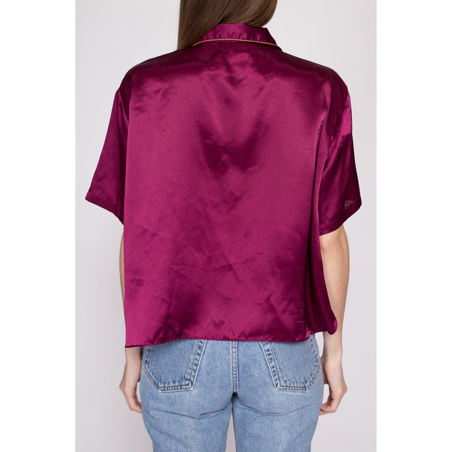 L| 90s Victoria's Secret Plum Satin Loungewear Top - Large | Vintage Monogrammed Chest Pocket Cropped Pajama Shirt
