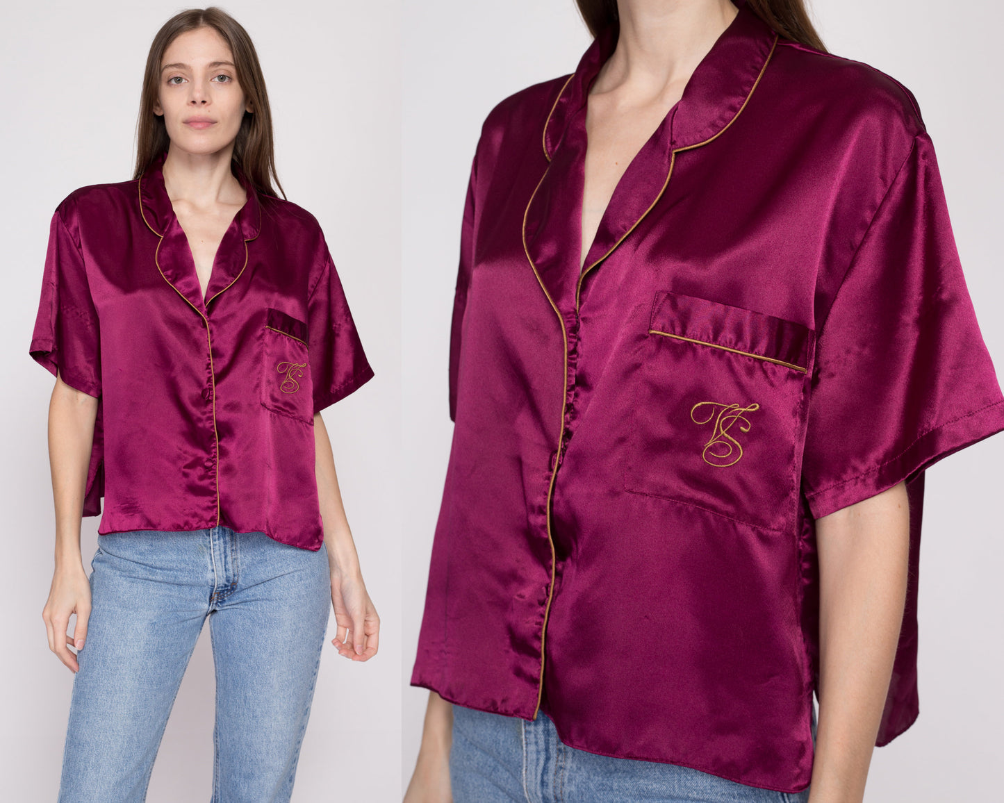 L| 90s Victoria's Secret Plum Satin Loungewear Top - Large | Vintage Monogrammed Chest Pocket Cropped Pajama Shirt