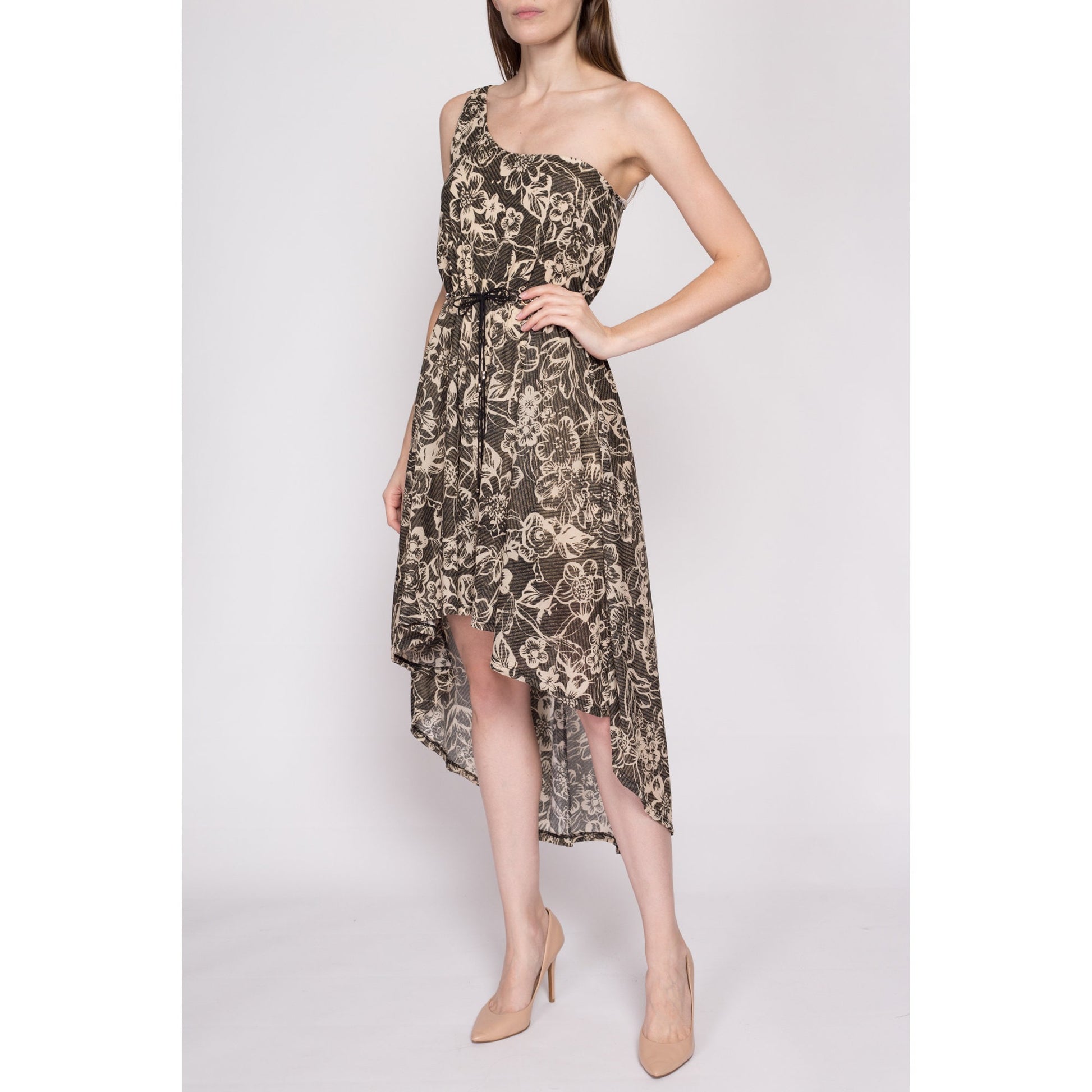S| Y2K Floral One Shoulder High-Low Dress - Small | Boho Vintage Asymmetrical Belted Summer Sundress