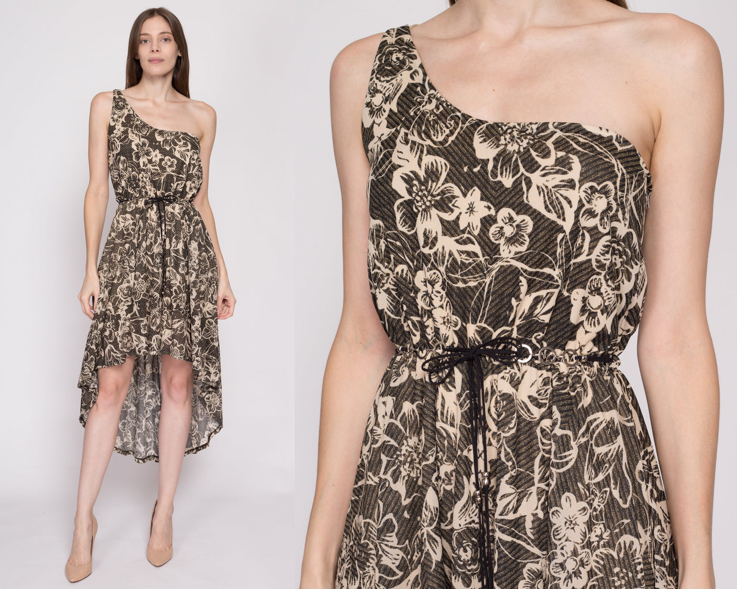 S| Y2K Floral One Shoulder High-Low Dress - Small | Boho Vintage Asymmetrical Belted Summer Sundress