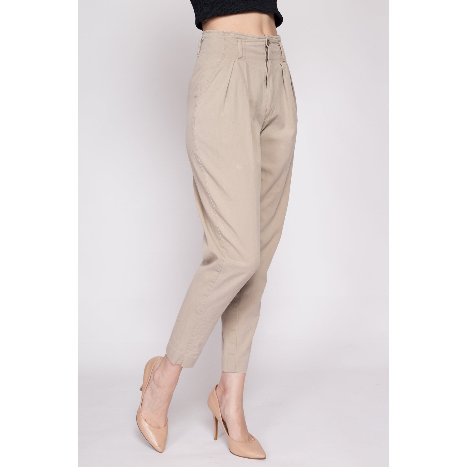 XS| 80s Khaki Cotton High Waisted Pants - Extra Small, 24.5" | Vintage Pleated Tapered Leg Short Inseam Trousers