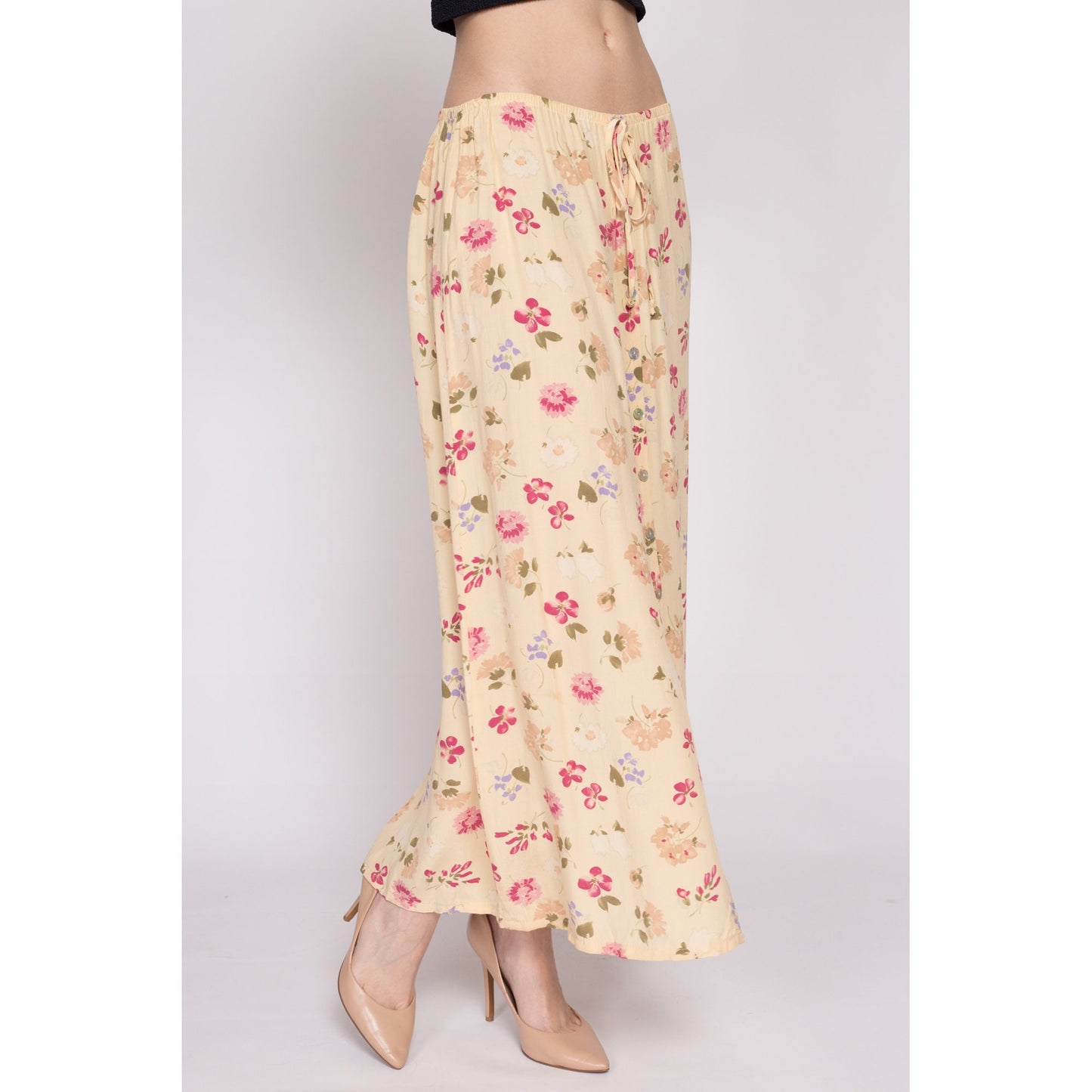 M| 90s Butter Yellow Floral A Line Skirt - Medium | Vintage High Waisted Button Front Boho Midi Skirt