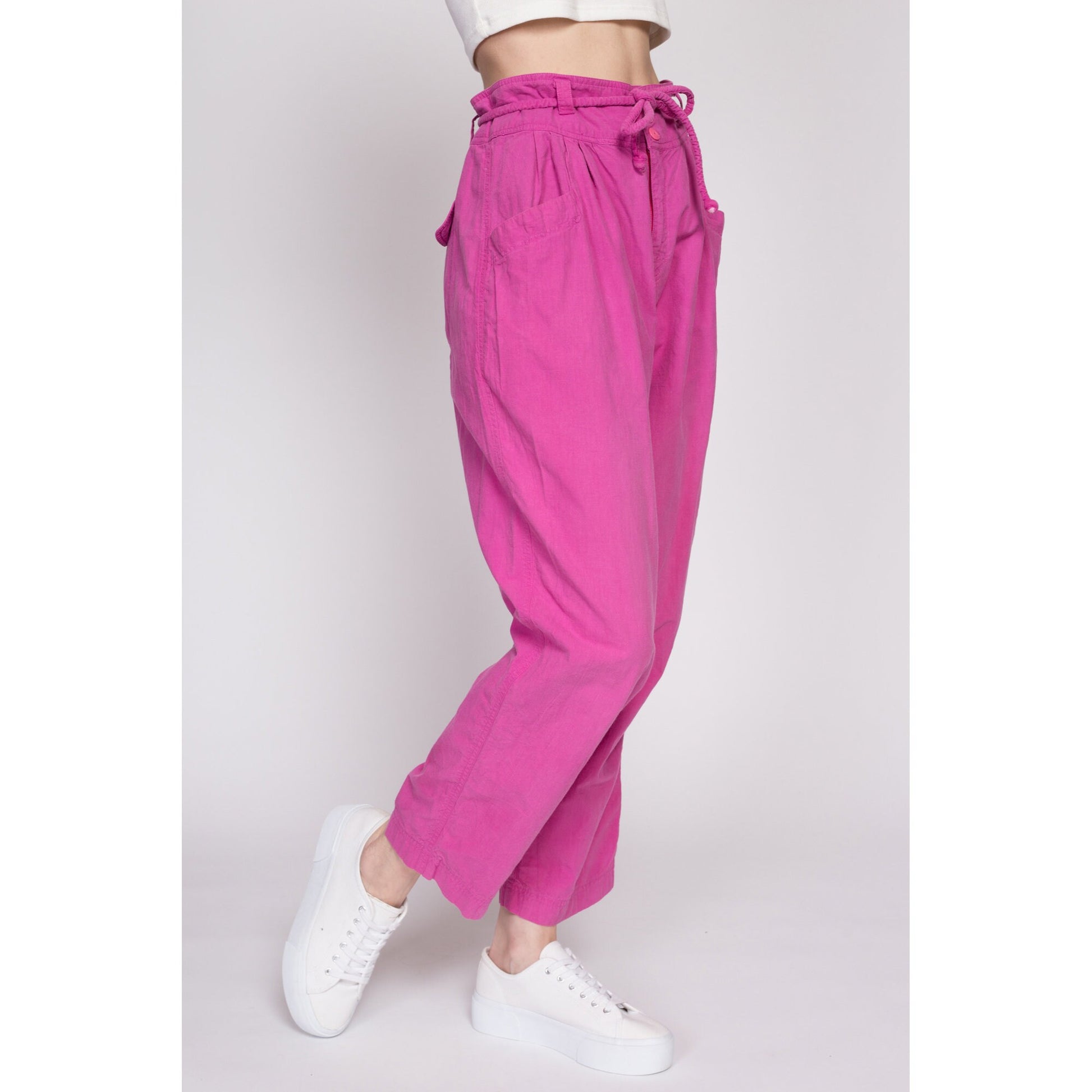 M| 80s Fuschia Cotton High Waisted Pants - Medium, 27.75" | Vintage Tapered Leg Casual Drawstring Waist Streetwear Trousers
