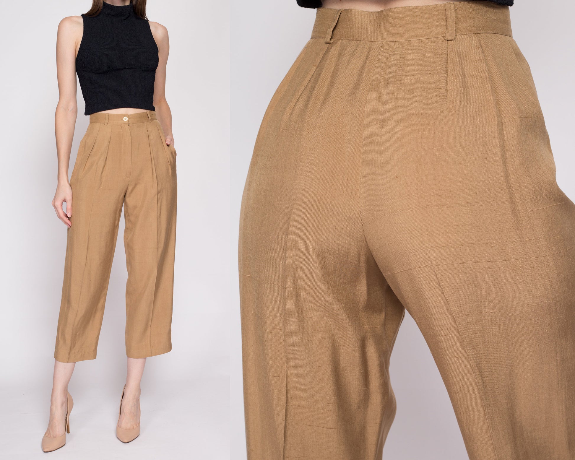 S| 90s Anne Klein Silk High Waisted Trousers - Petite Small, 25" | Vintage Minimalist Tan Pleated Tapered Leg Short Inseam Pants
