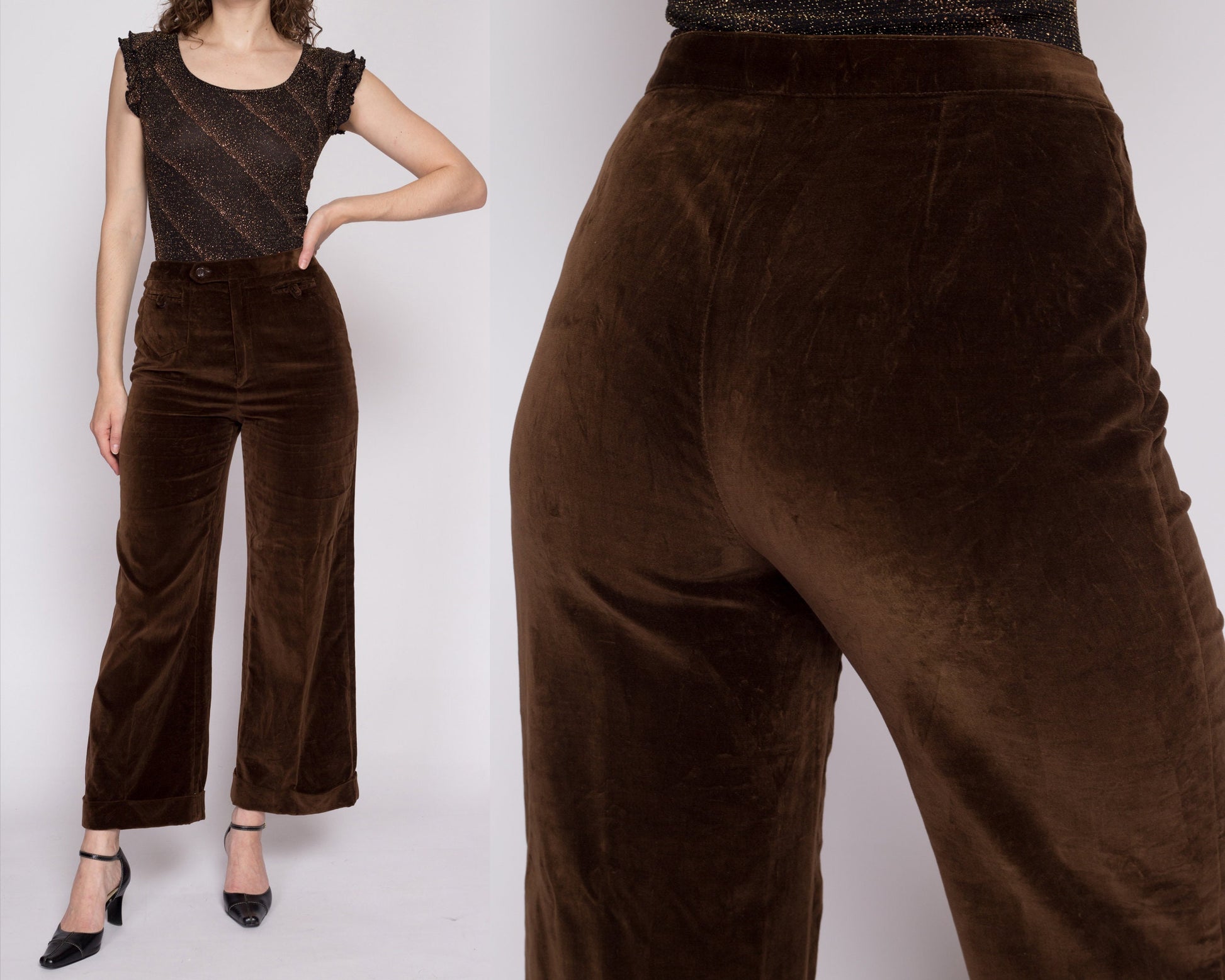 M| 70s Chocolate Brown Velvet Pants - Medium, 28" | Vintage High Waisted Wide Leg Cuffed Trousers