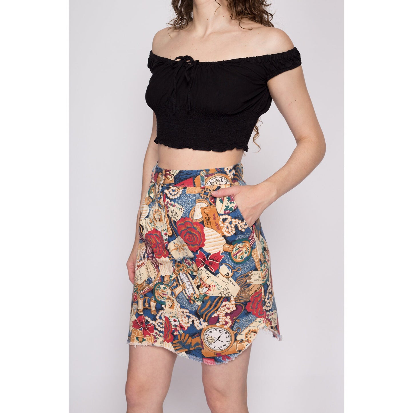 S| 80s Victorian Alice In Wonderland Print Denim Mini Skirt - Small, 27" | Vintage Boho High Waisted Novelty Cutoff Jean Skirt