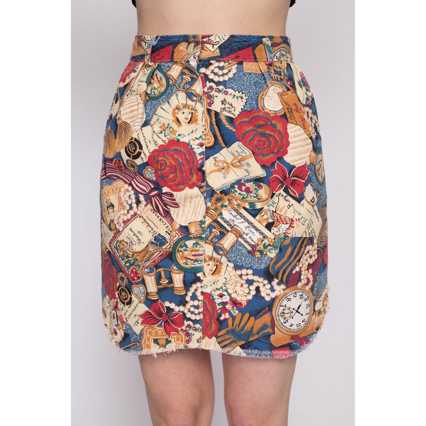 S| 80s Victorian Alice In Wonderland Print Denim Mini Skirt - Small, 27" | Vintage Boho High Waisted Novelty Cutoff Jean Skirt