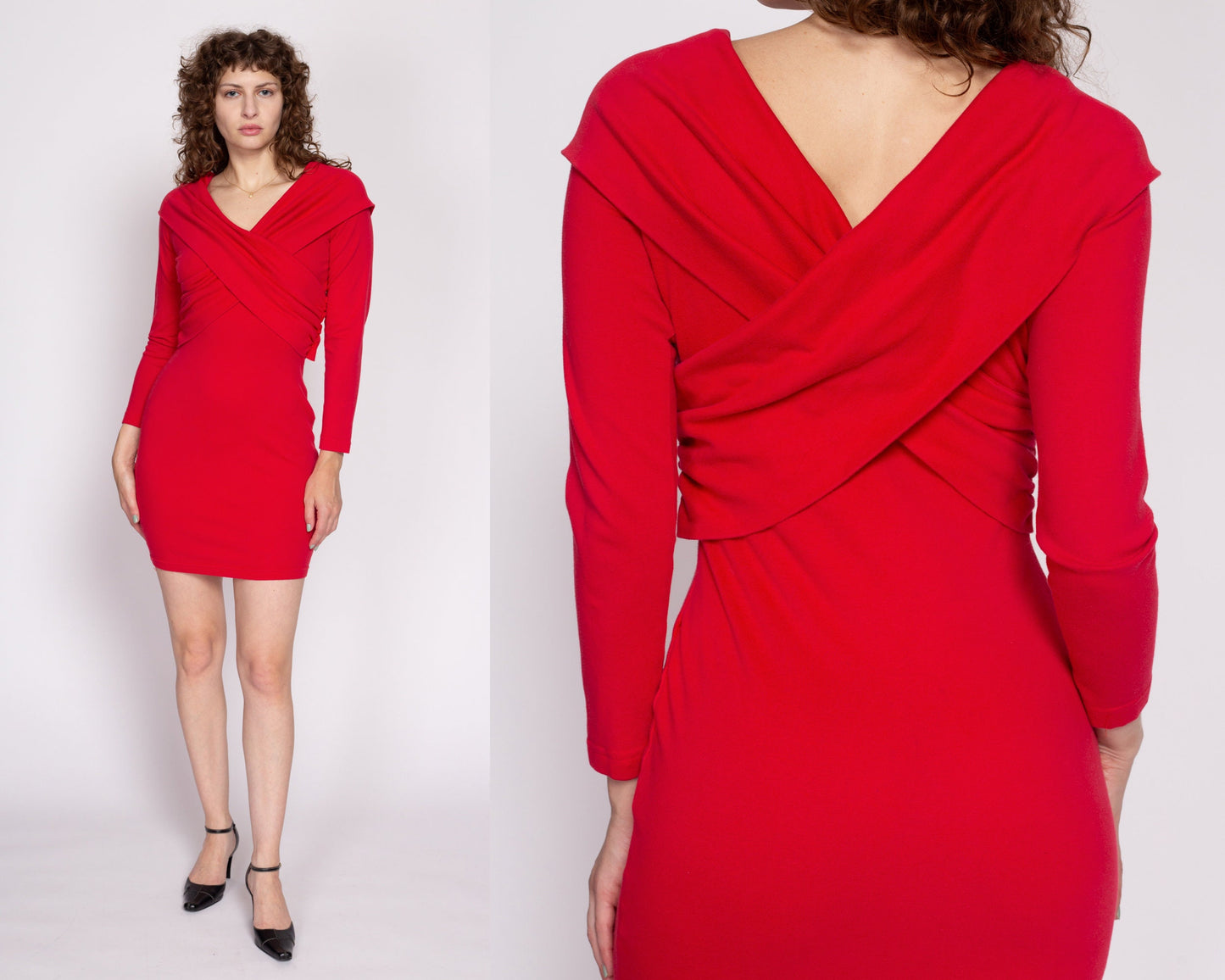 M| 80s Red Criss Cross Bodycon Dress - Medium | Vintage Long Sleeve Fitted Stretchy Mini Dress