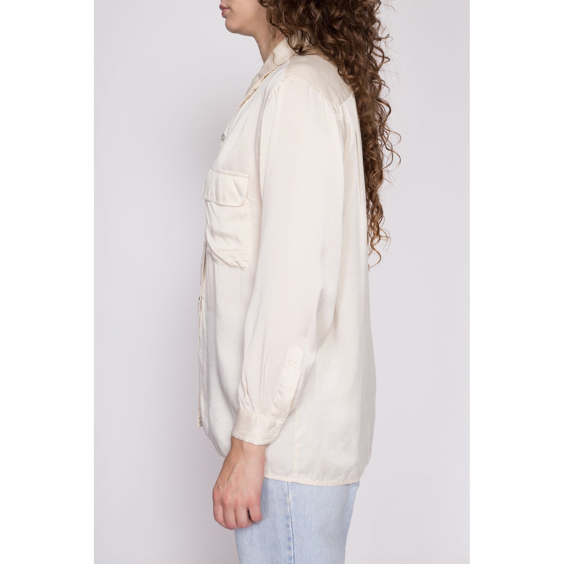 M| 90s Ivory Silk Blouse - Medium | Vintage Minimalist Long Sleeve Button Up Collared Shirt