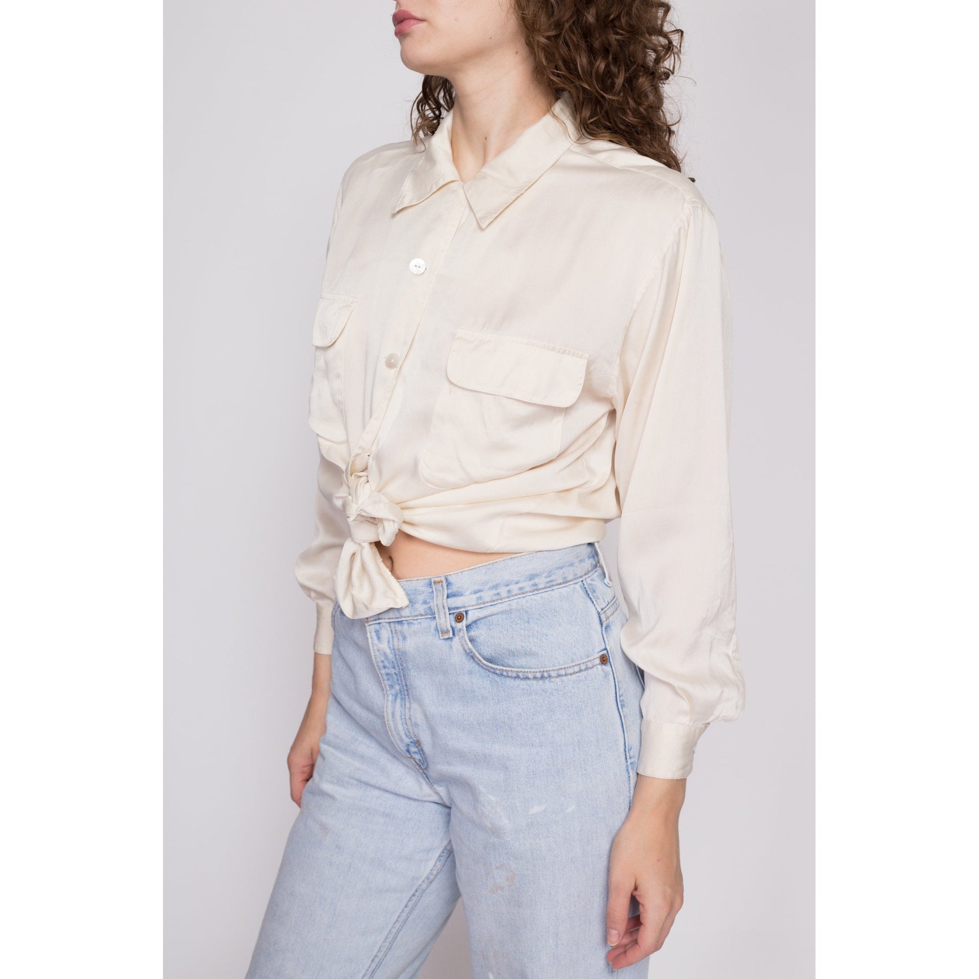 M| 90s Ivory Silk Blouse - Medium | Vintage Minimalist Long Sleeve Button Up Collared Shirt