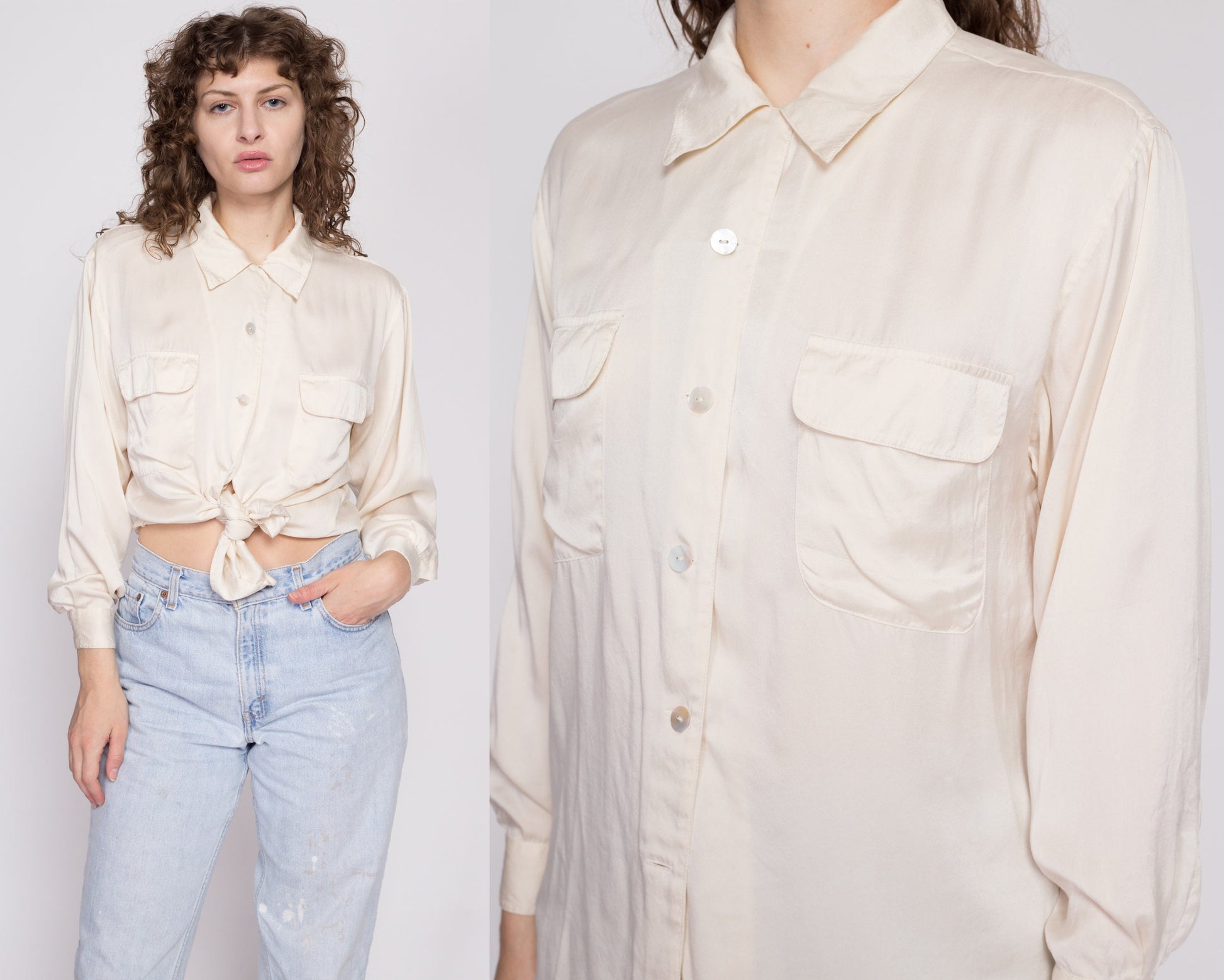 M| 90s Ivory Silk Blouse - Medium | Vintage Minimalist Long Sleeve Button Up Collared Shirt