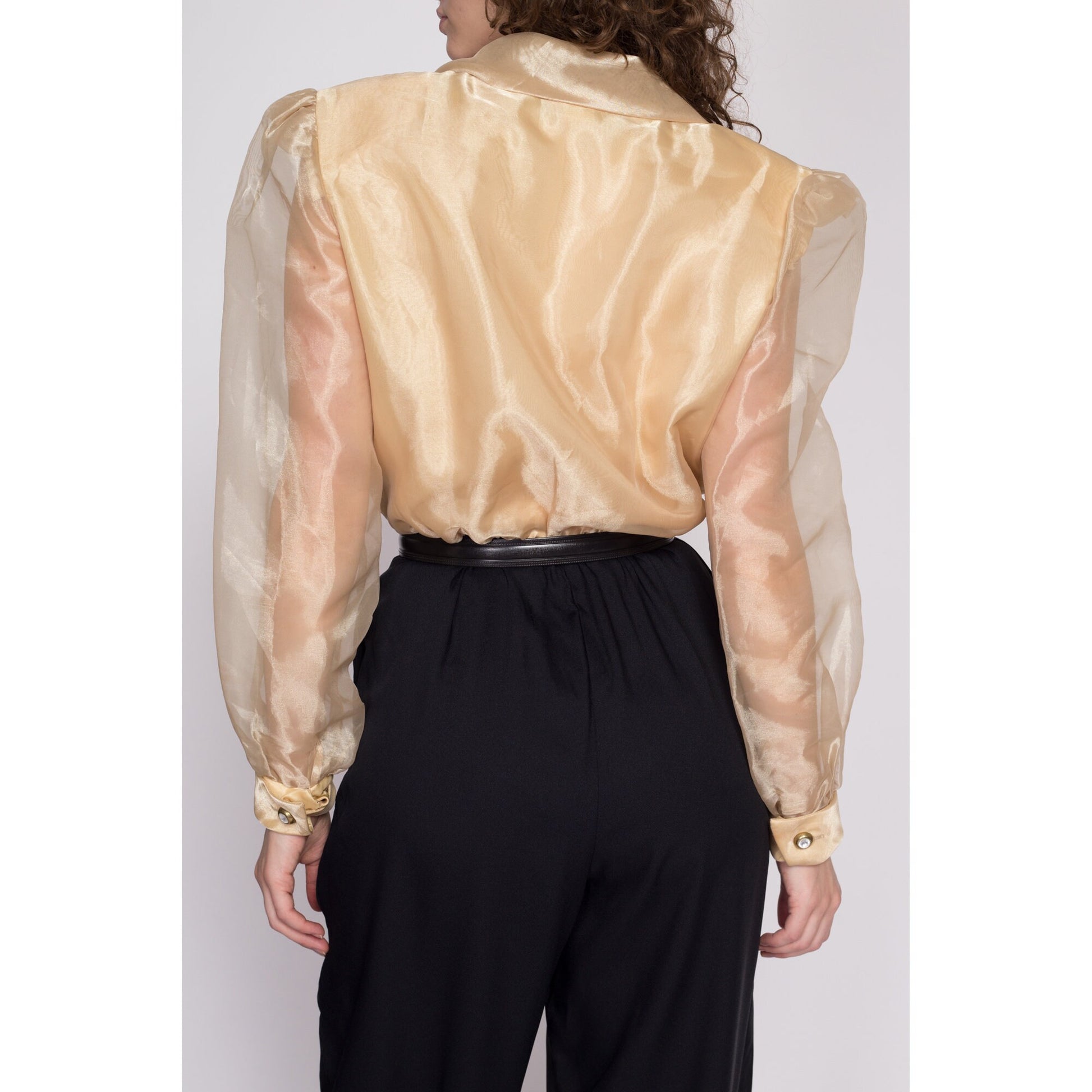 L| 80s Organza Two Tone Jumpsuit - Large | Vintage Gold Black Sheer Sleeve Collared Pantsuit