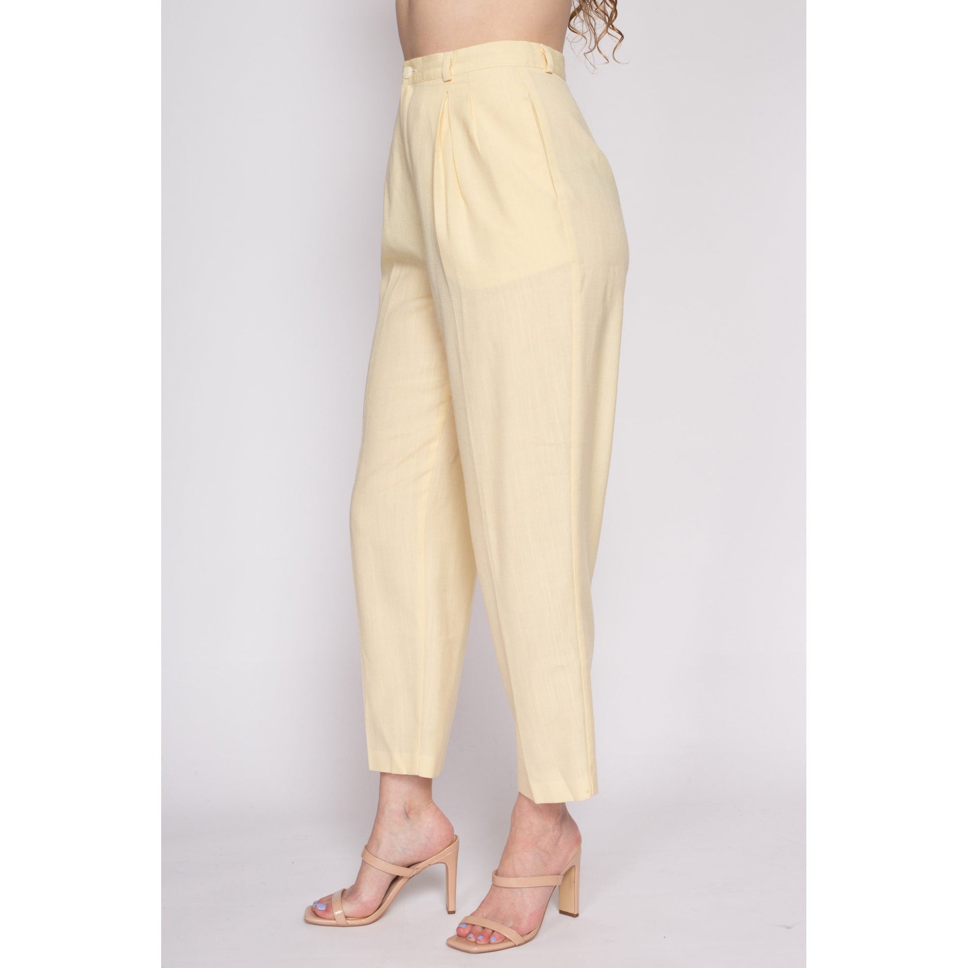 M| 80s Butter Yellow High Waisted Trousers - Medium, 27.5" | Vintage Pleated Tapered Leg Pants