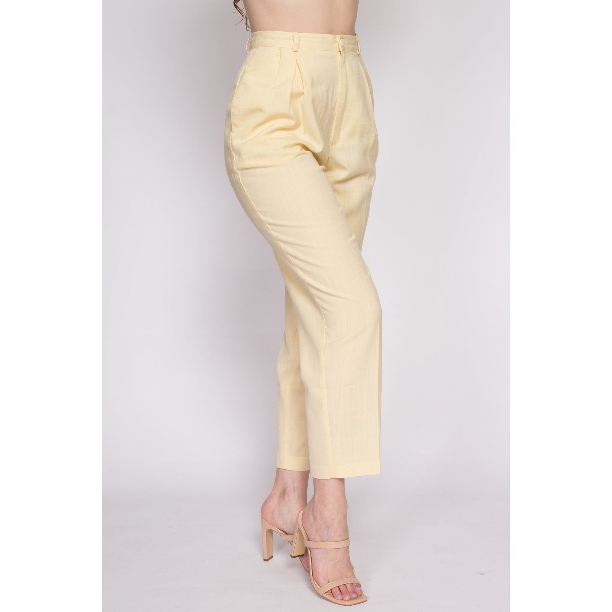 M| 80s Butter Yellow High Waisted Trousers - Medium, 27.5" | Vintage Pleated Tapered Leg Pants