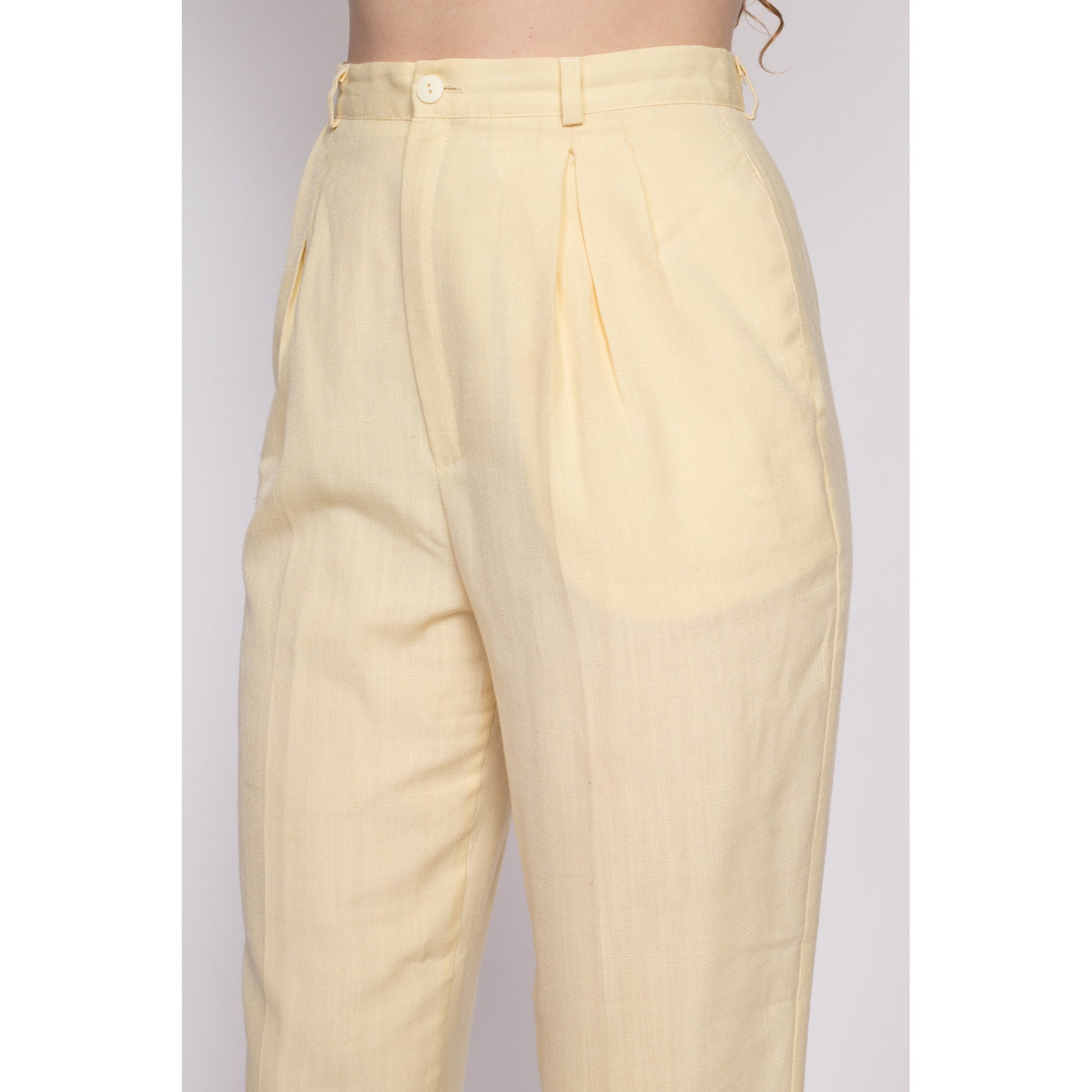 M| 80s Butter Yellow High Waisted Trousers - Medium, 27.5" | Vintage Pleated Tapered Leg Pants