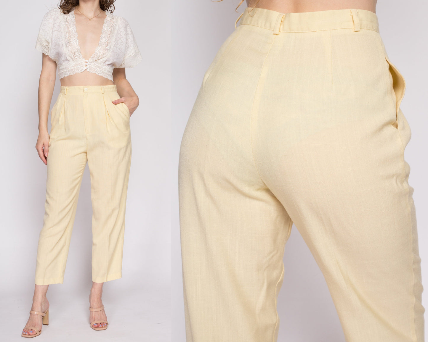 M| 80s Butter Yellow High Waisted Trousers - Medium, 27.5" | Vintage Pleated Tapered Leg Pants