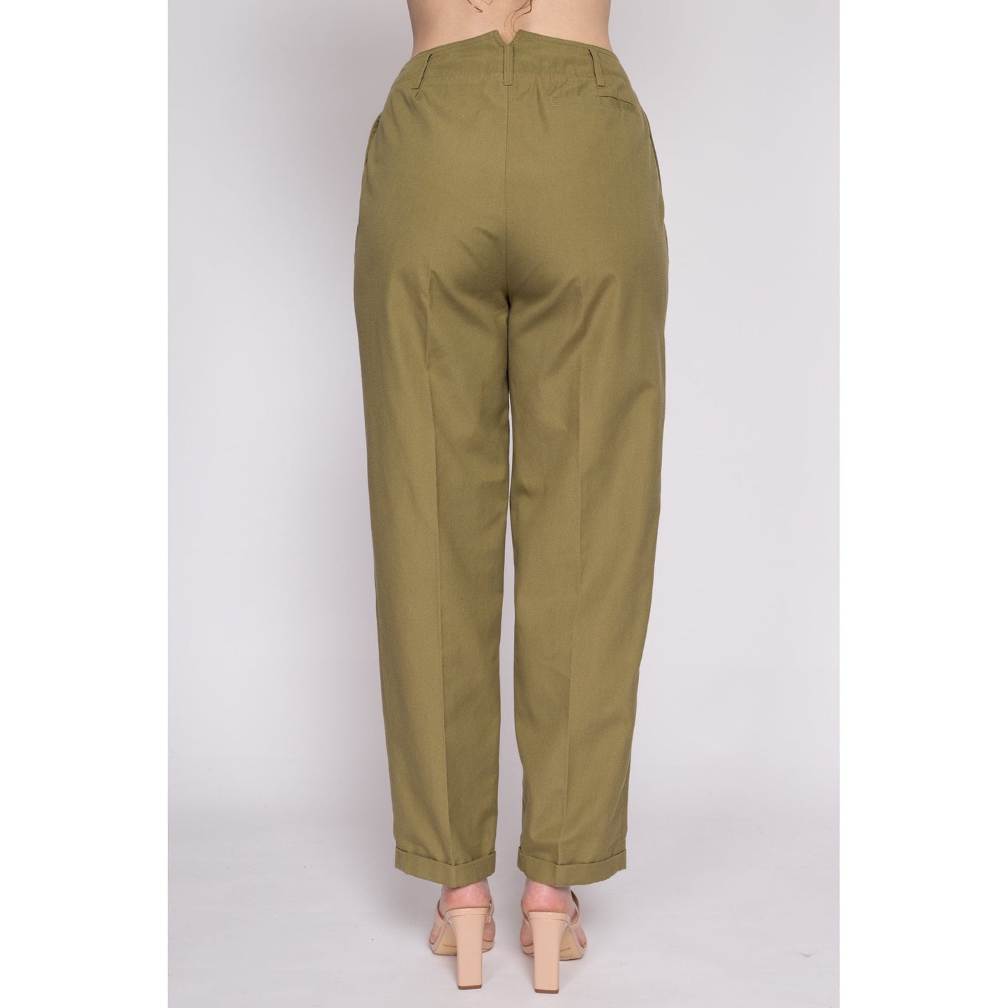 M| 80s Olive High Waisted Trousers - Medium, 28" | Vintage Minimalist Army Green Pleated Tapered Leg Pants