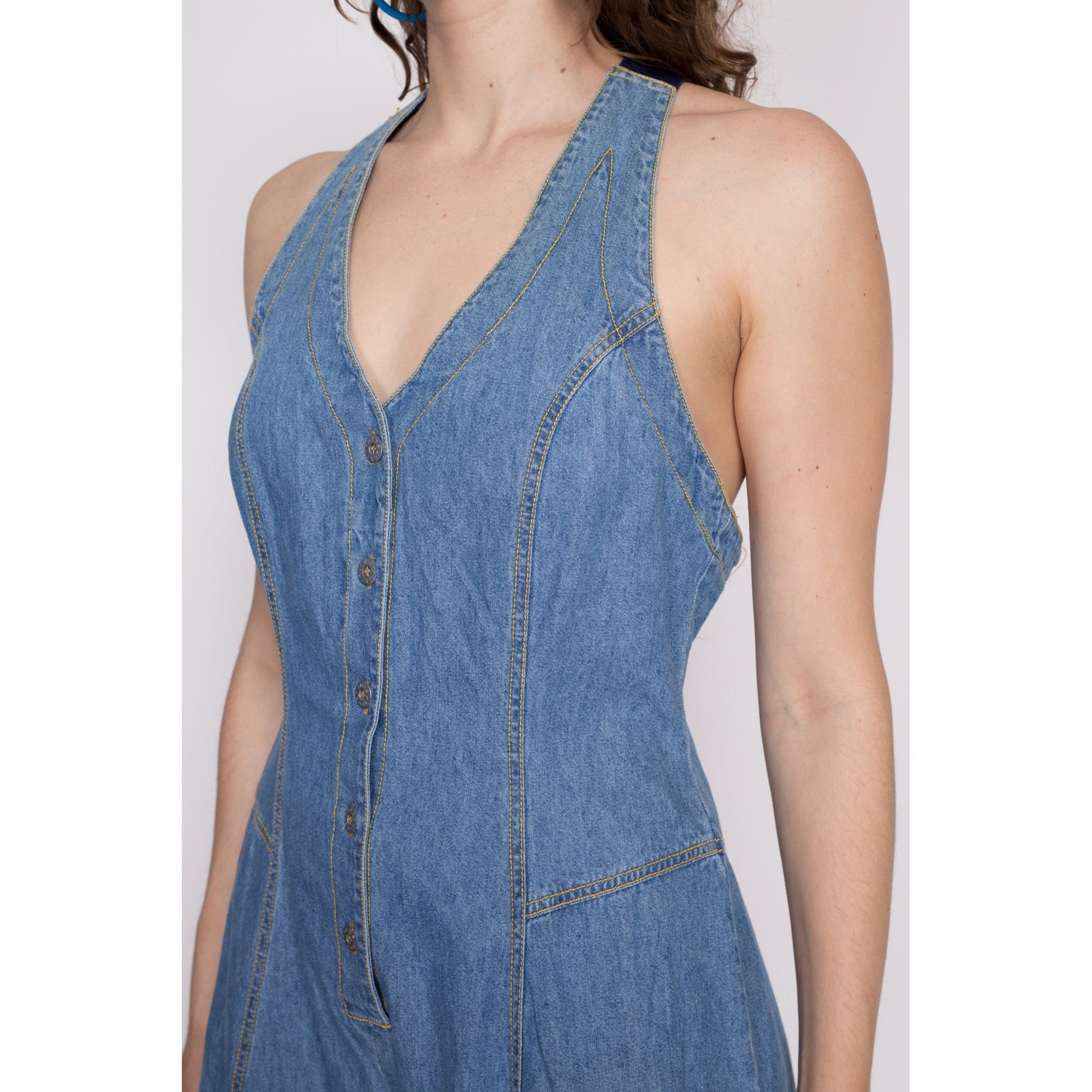 M| 90s Suspender Back Patchwork Denim Romper - Medium | Vintage Light Wash Blue Jean Overall Playsuit