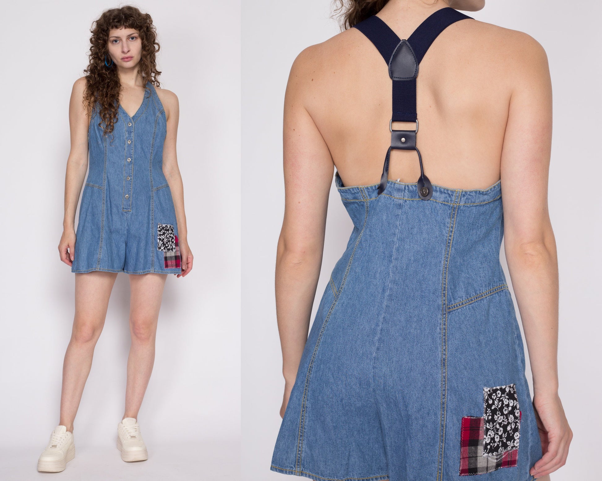M| 90s Suspender Back Patchwork Denim Romper - Medium | Vintage Light Wash Blue Jean Overall Playsuit